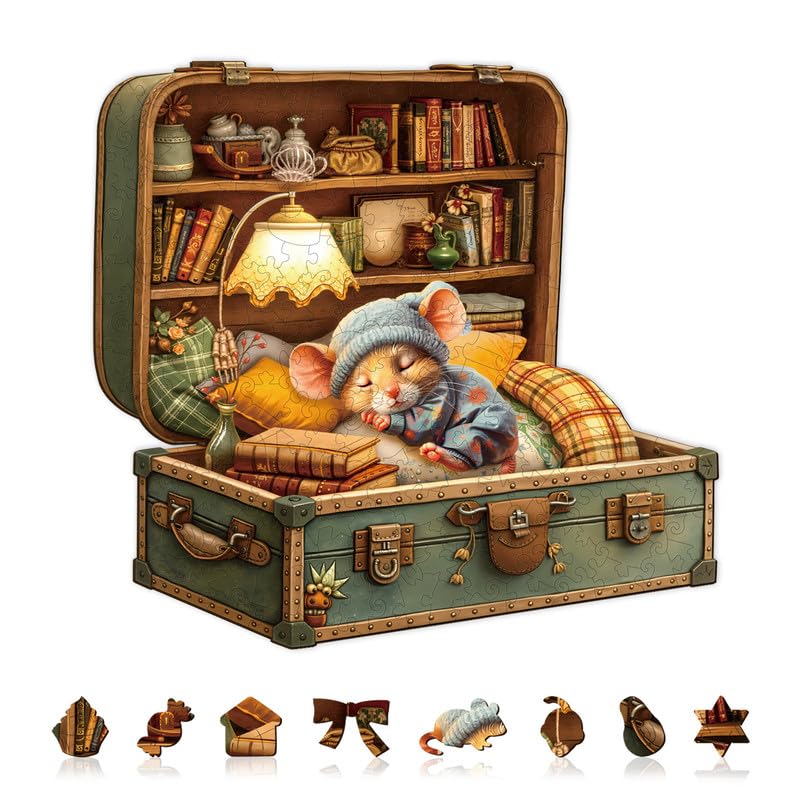 Jigfoxy Puzzle en bois pour adultes, valise confortable avec pièces uniques en forme d'animal – Jeu de casse-tête relaxant – Cadeau d'anniversaire pour la famille et les amis (L-34 x 32 cm, 240 pièces