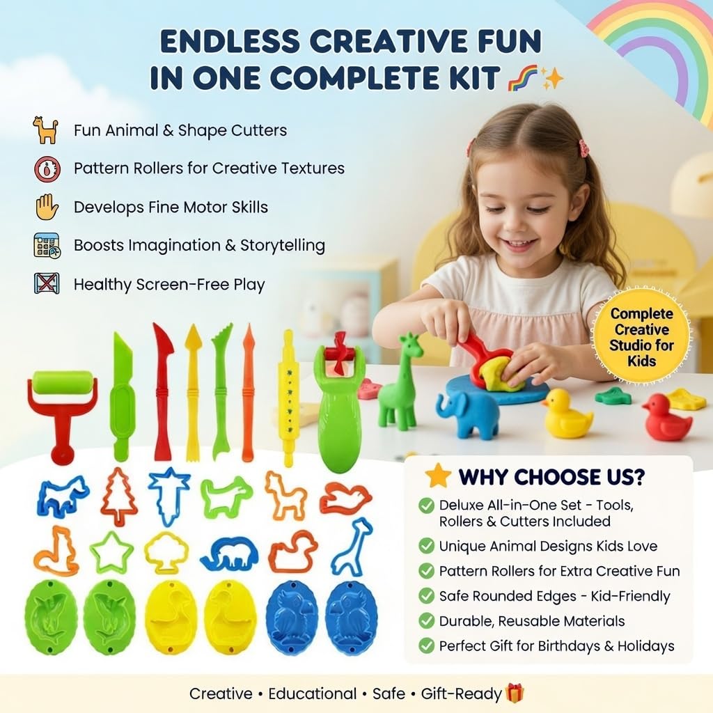 Clayo -26PCS Play Dough Tools Set for Kids Playdough Cutters and Molds with Rolling Pin and Sculpting Tools - Image 2