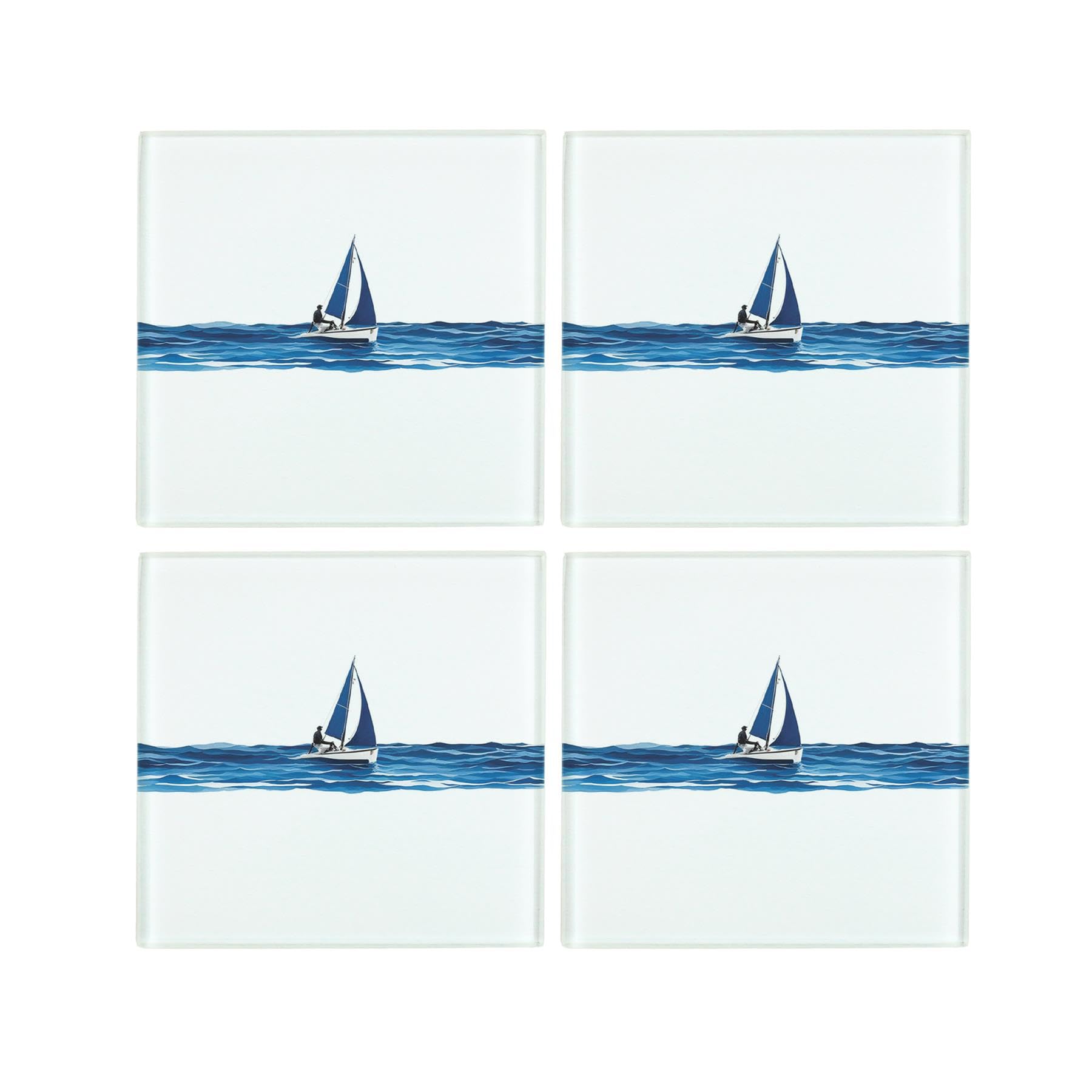 Sailing Coasters Set - Blue Glass Square Non-Slip Drinks Coasters Gifts for Boat Fans, Set of 4