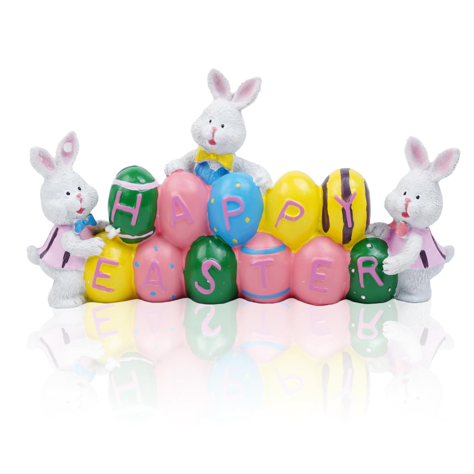 Easter Bunny Statue Decoration with Happy Easter and Bunny Eggs Resin Tabletop Decor, Cute Spring Bunny Statue Decor for Easter Home Office Party Decorations