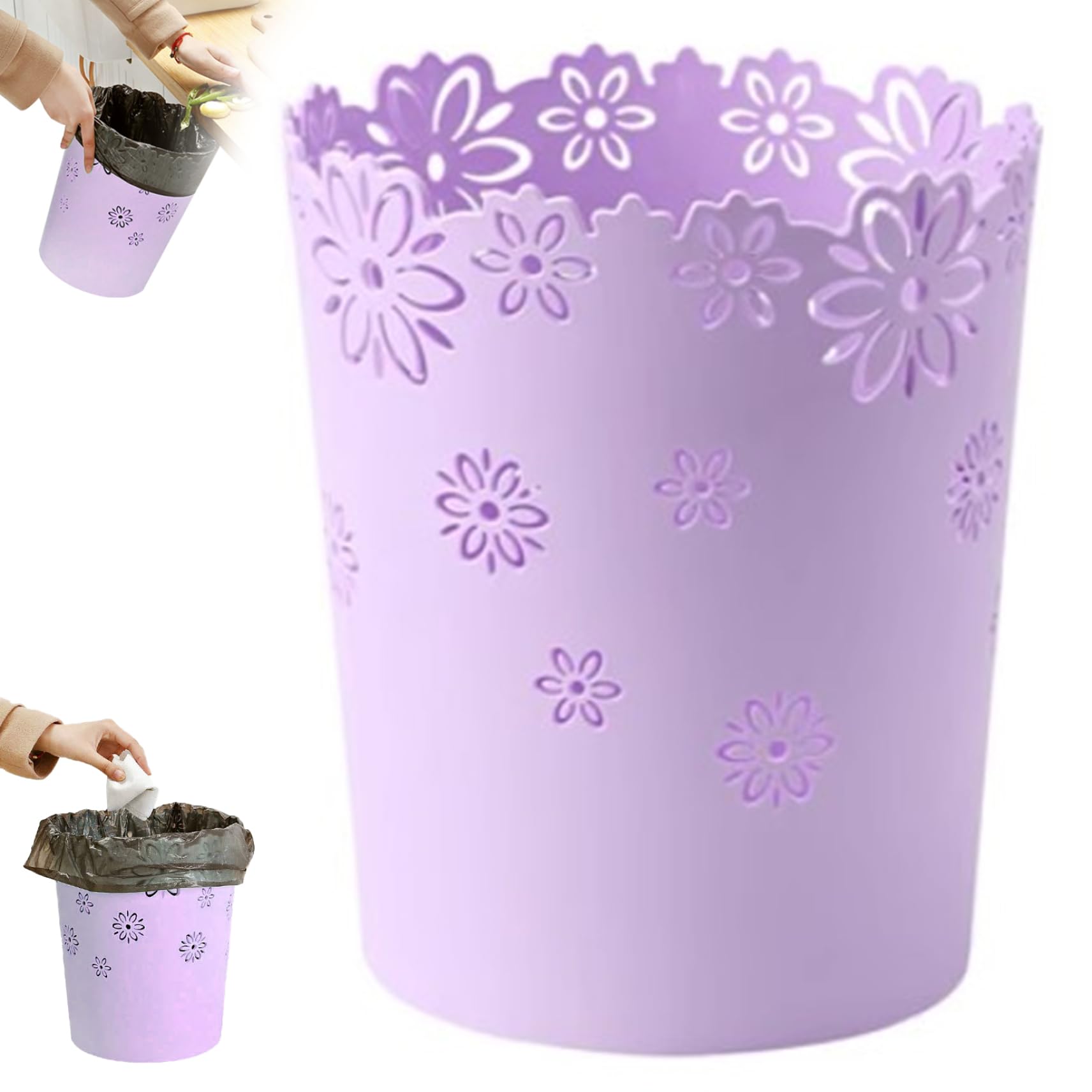Plastic Trash Can Waste Paper Bin Flower Lace Waste Basket Round Rubbish Bin Hollow Garbage Can for Bedroom