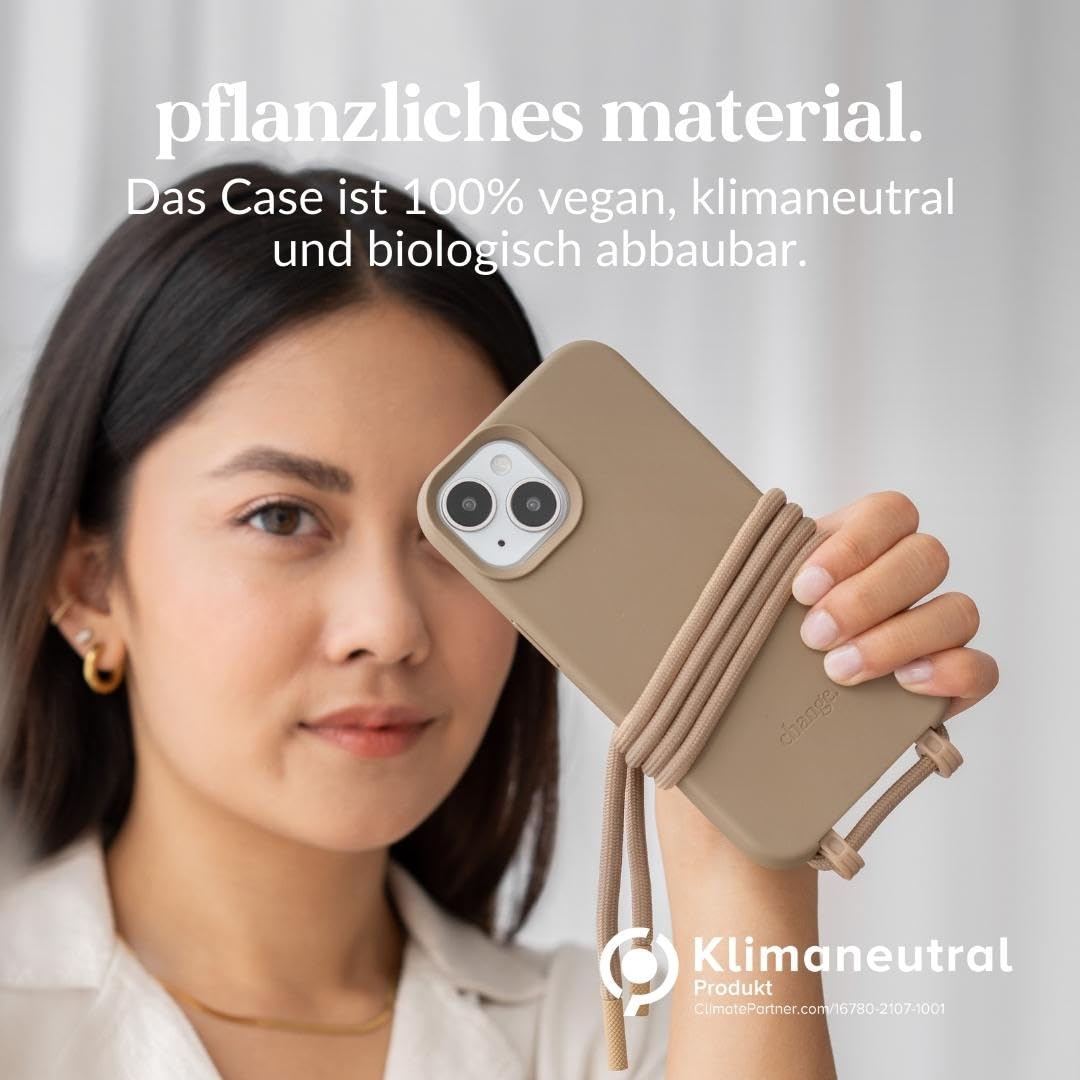 Woodcessories - Change Case, Nachhaltige Handykette abnehmbar kompatibel mit iPhone 15 Hülle mit Band Taupe - biologisch abbaubar