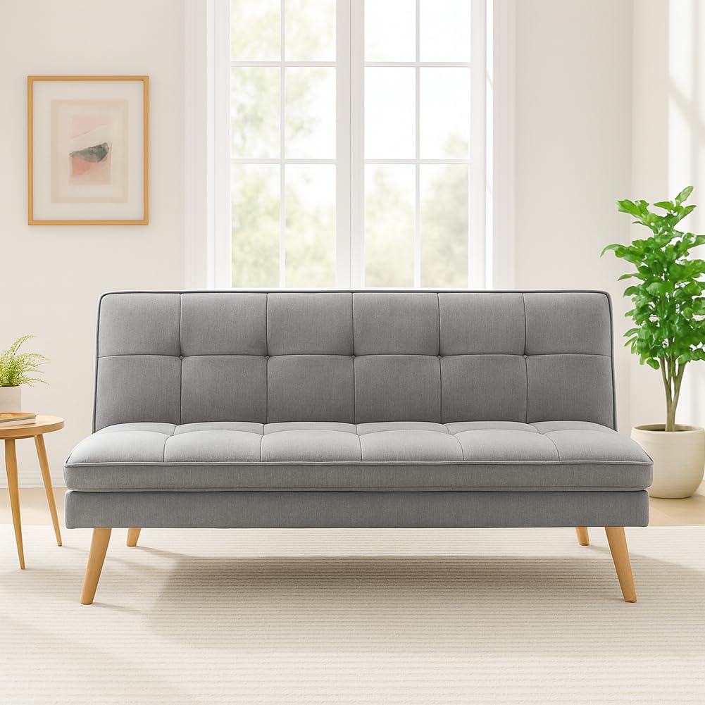 BAKAJI Divano Letto Reclinabile Clic Clac 3 Posti Reclinabile, Rivestimento in Tessuto, Seduta Imbottita ad Alta Densità e Ergonomica, Gambe in Legno, Apertura e Chiusura Facilitata (Grigio)