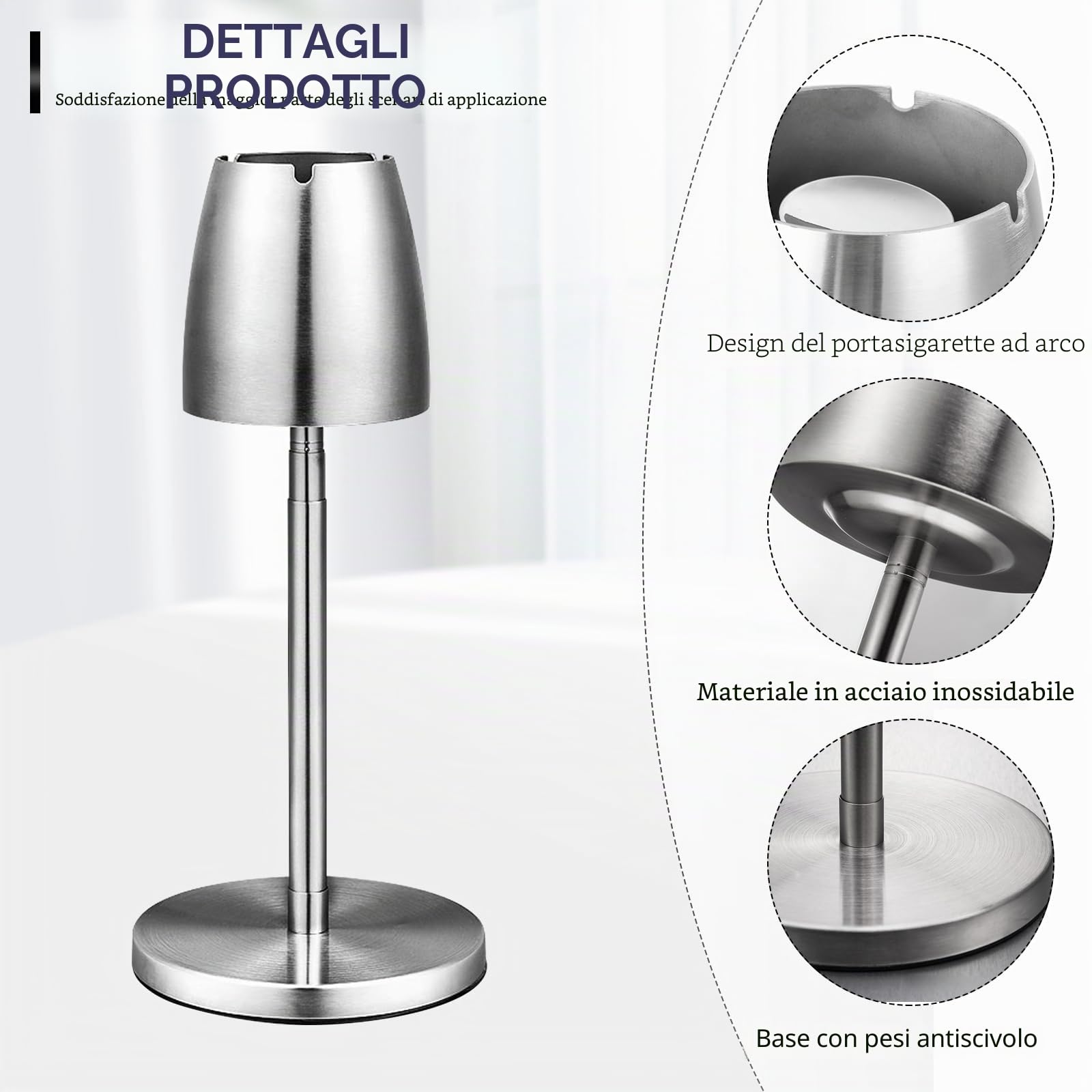 Posacenere da terra regolabile in acciaio inox: per esterni, allungabile in altezza 34-68 cm, posacenere da terra regolabile con coperchio e fondo antiscivolo, argento