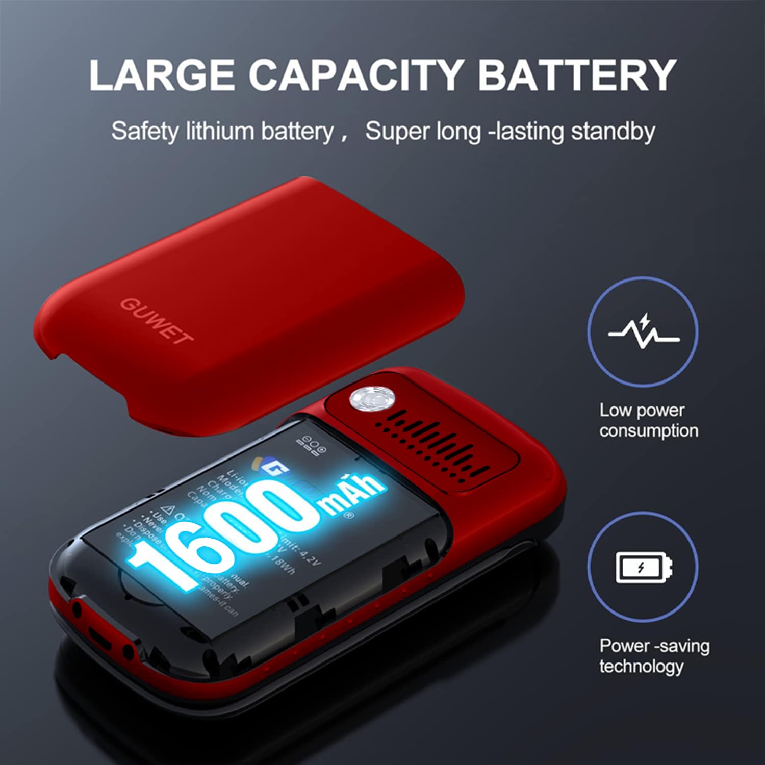 Guwet G739 cellulare per anziani pliante, telefono per anziani, telefono a tasti, con segnale forte, pulsante SOS, batteria da 1600 mAh, lungo standby e colore rosso.
