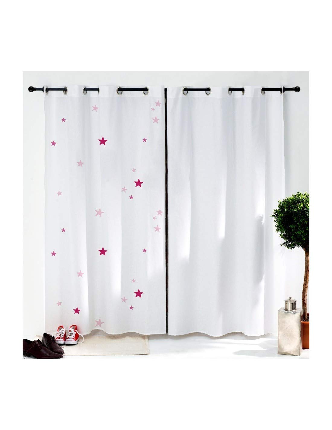 Rideau enfant etoiles roses tissu souple lavable deco fille