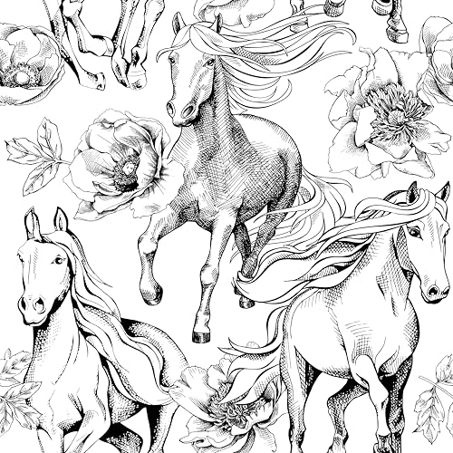 zoé&yifan Black and White Horse Running Peel and Stick Wallpaper 17.7" X 118.1" Waterproof Floral Wallpaper Self Adhesive Contact Paper Renter Friendly for Cabinet and Bedroom and Bathroom