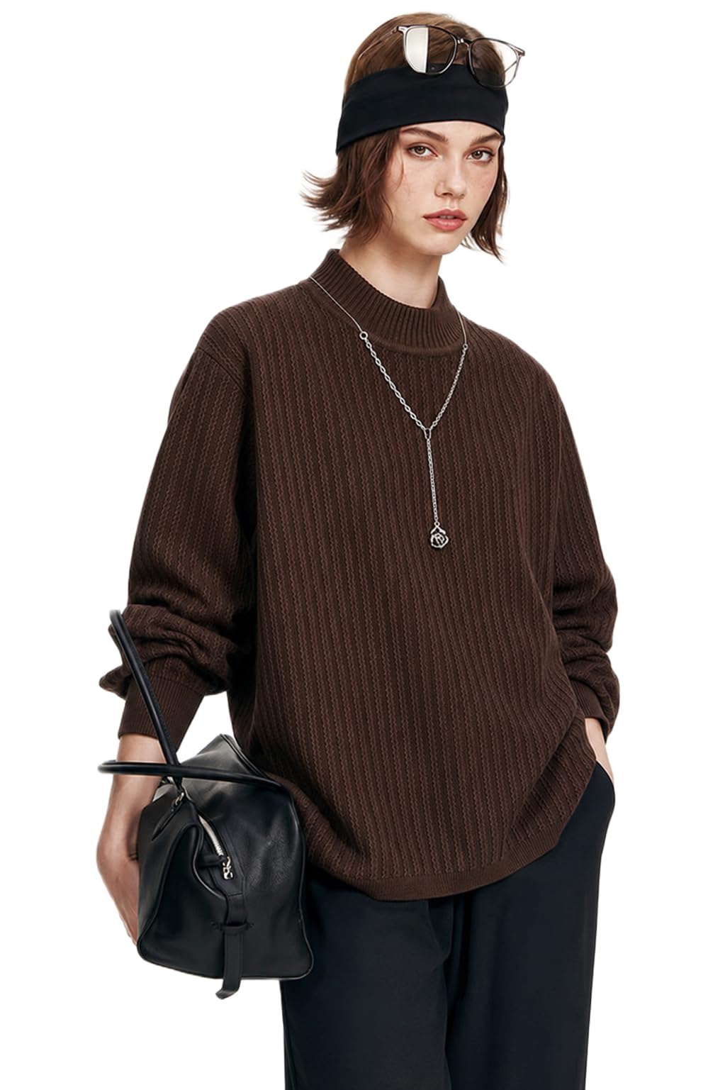 sylor Textured Knit Mock Neck Sweater with Long Sleeves Dark Brown-picture-9