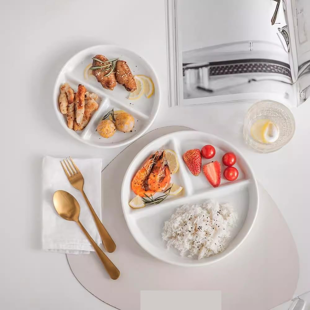 Assiettes Assiette à dîner compartimentée blanche créative japonaise en céramique, assiette for la réduction des matières grasses, de petit-déjeuner, fitness Vaisselle
