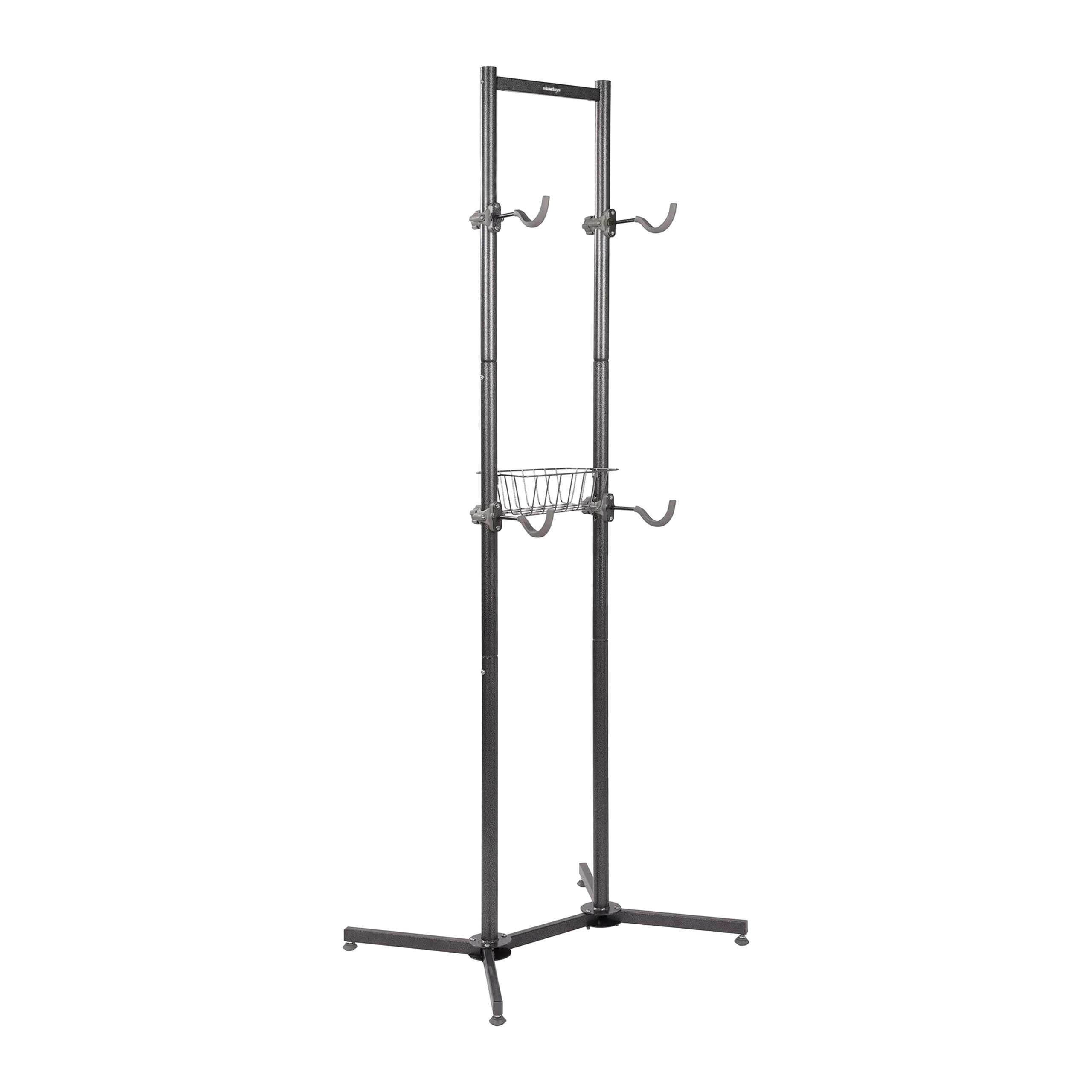 Relaxdays support pour 2 vélos, MBT, vélo de course, VAE, noir | modèle autonome, panier, H x l x P : 210 x 75 x 61 cm, support pour roues