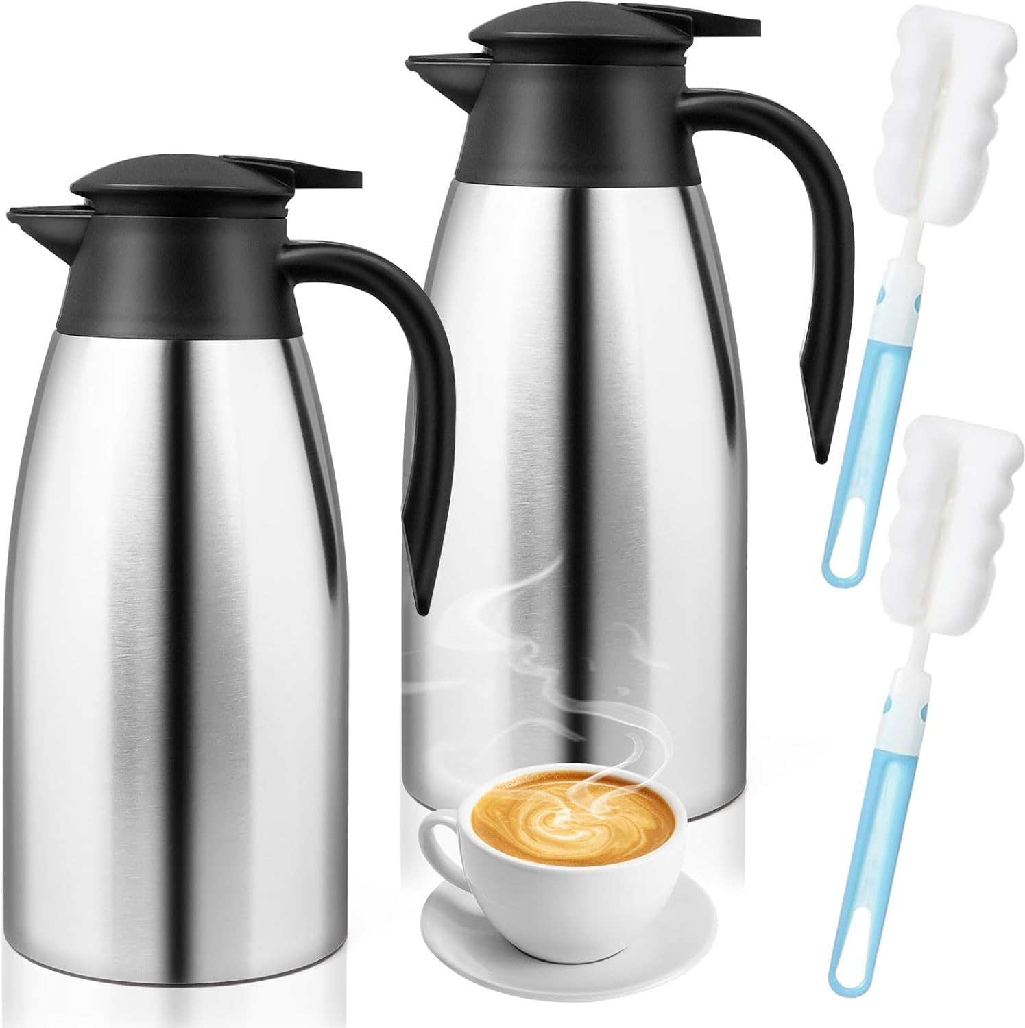 2 Pack 2L Thermal Coffee Carafe Jug, 68 OZ Silver Stainless Steel Insulated Tea Pot, Double Walled Vacuum Carafe Jug for Coffee Tea Hot Water Hot Beverage (12+ Hrs Heat & 24+ Hrs Cold Retention)