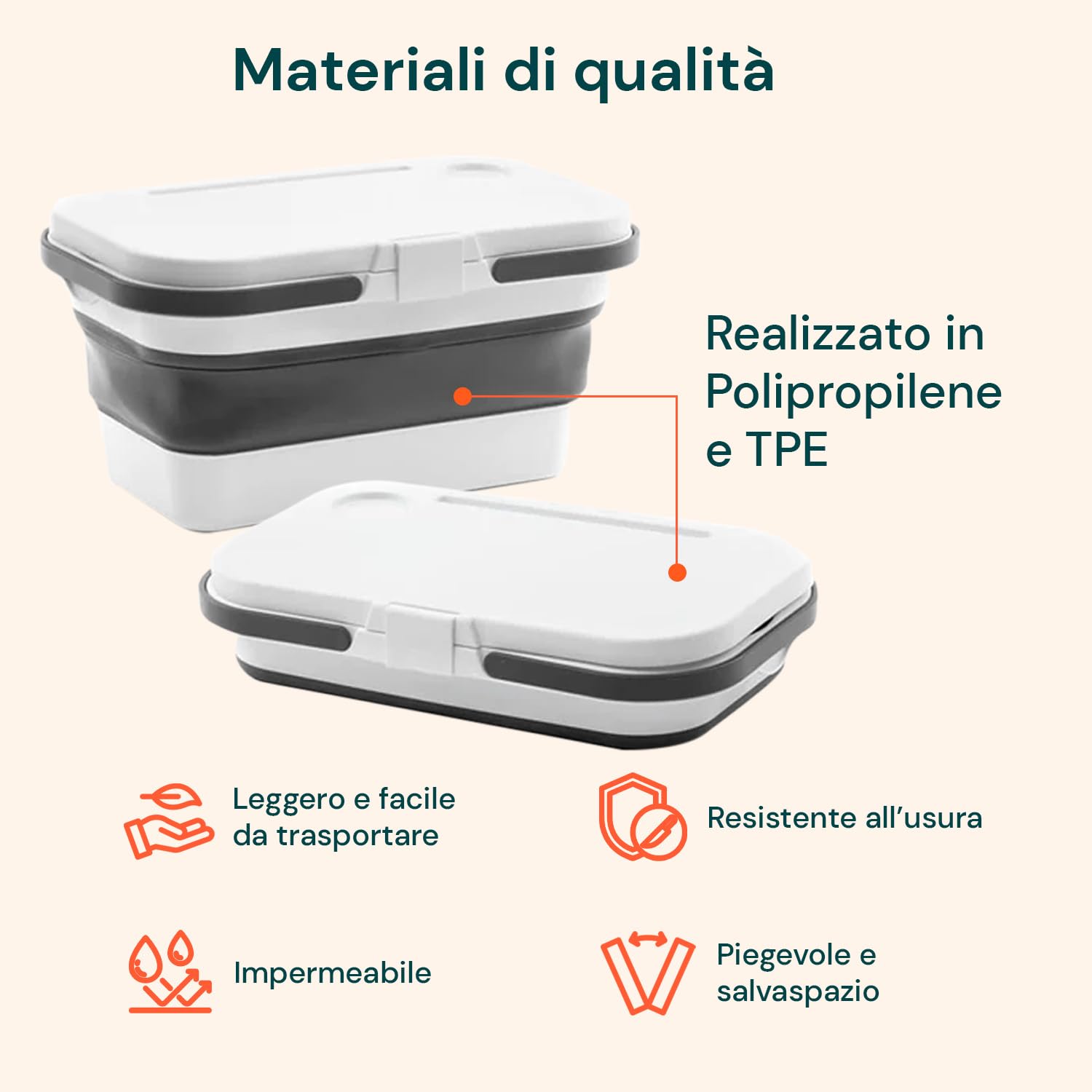 Cesta de Picnic Plegable con Superficie de Apoyo – Cesta Plegable para Playa y Camping, de Polipropileno, 16 l, Blanco y Gris, 47,3 x 9-24,5 x 29 cm