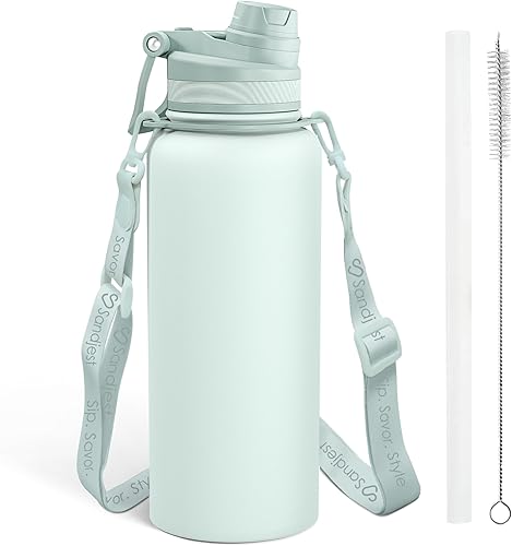 Miniatura 28 de SANDJEST Botella de agua de acero inoxidable con correa de 32 onzas, botellas aisladas con popote y tapa de boquilla para gimnasio, deportes, viajes