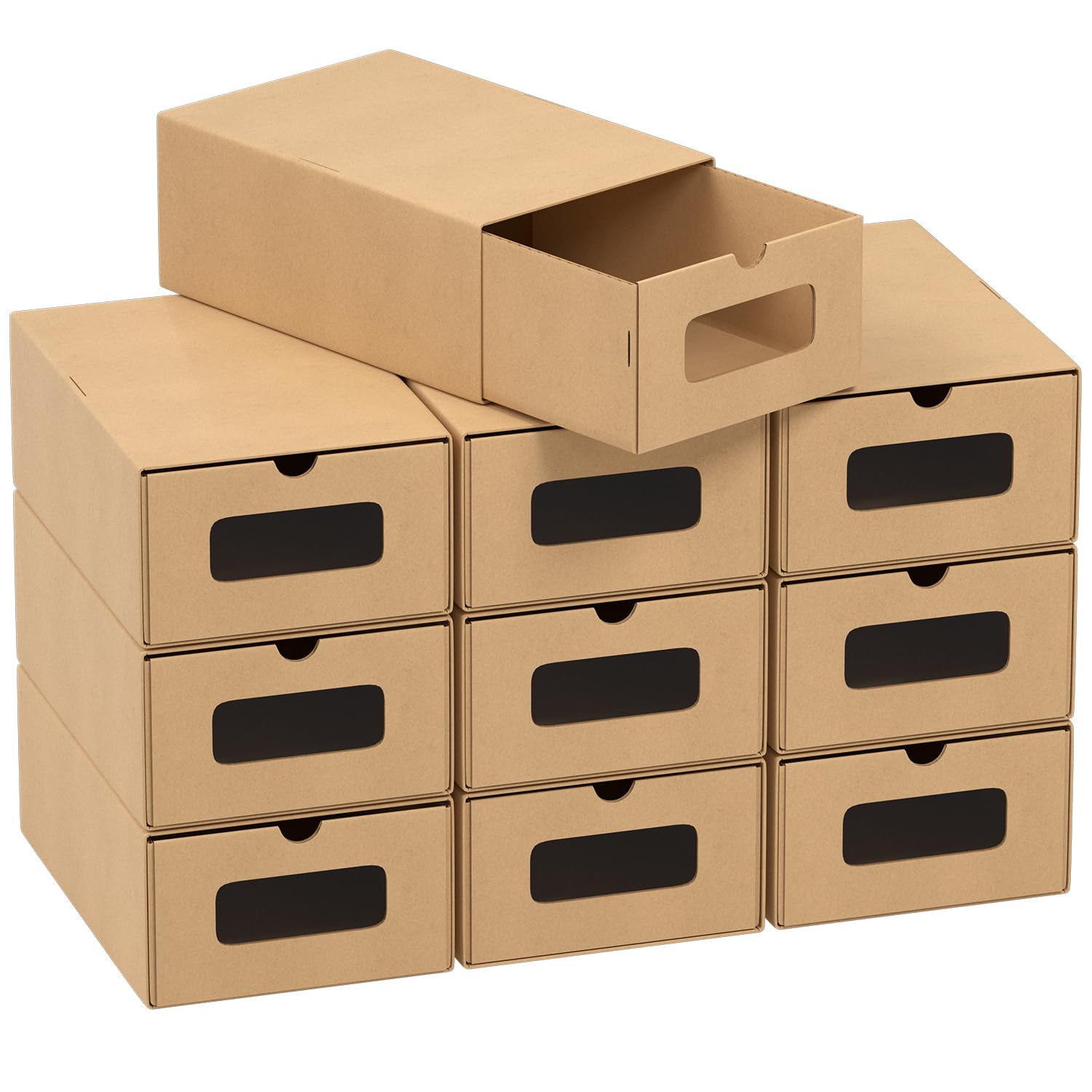 10 cajas de almacenamiento para zapatos, color marrón claro, con ventana, plegables, apilables, cajas para zapatos, cajón, cajas multiusos de cartón kraft para hasta la talla 45