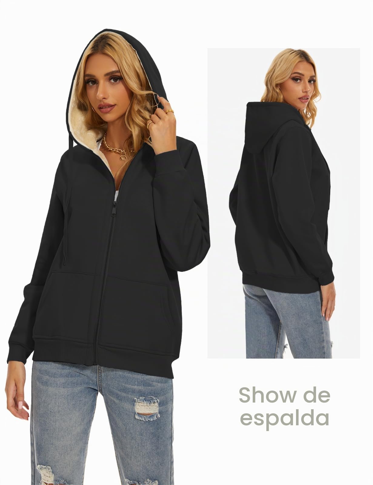 MOVE BEYOND Abrigos para Mujer en Invierno Chaqueta Sudadera con Capucha de Forro Cálido Térmico y Cierre de Cremallera Termica Fleece Chamarras