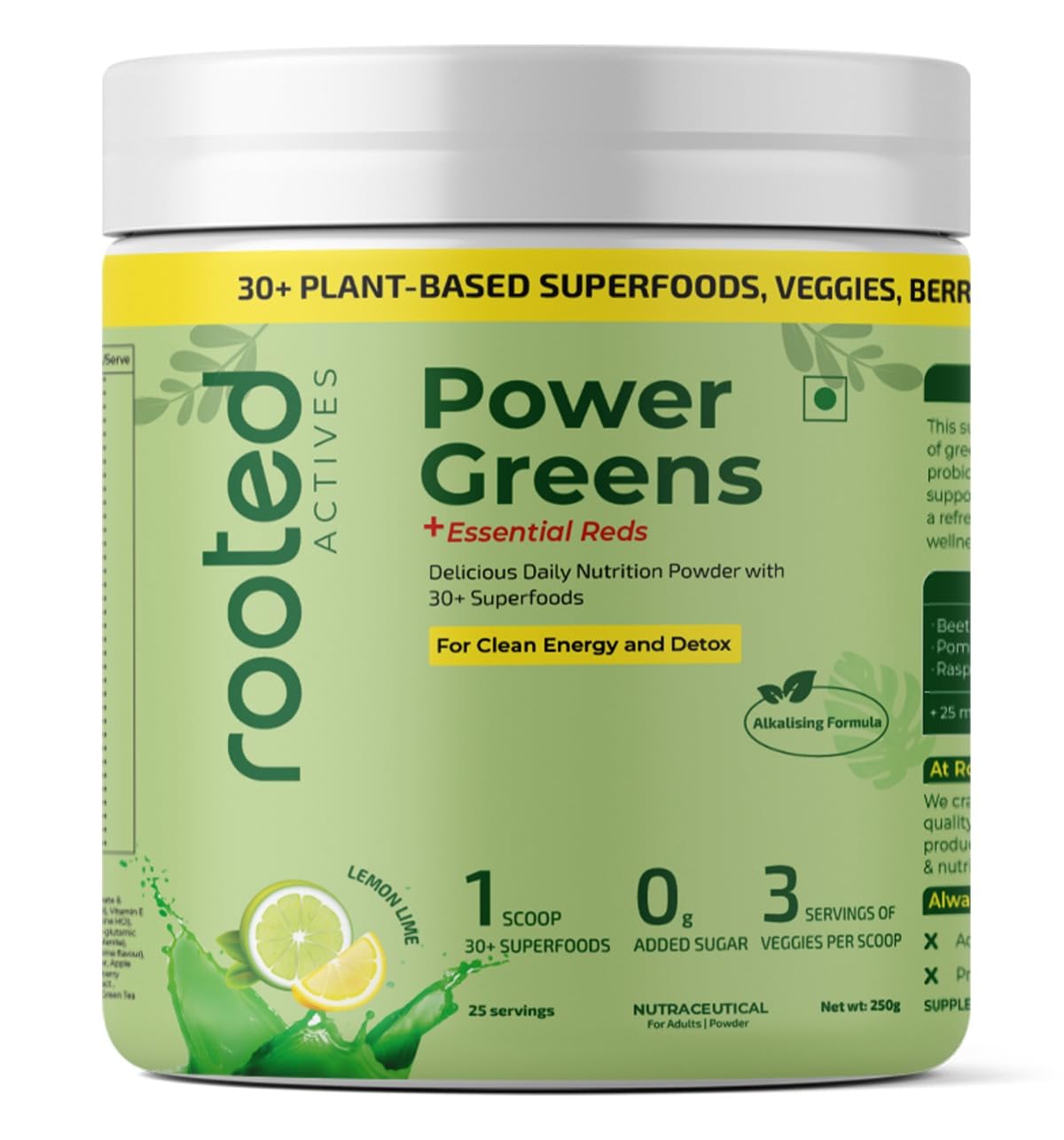 Rooted Actives Power Greens + Essential Reds | Daily Nutrition Powder with 30+ Plant-Based Greens, Vegetables & Fruits | With Vitamins, Minerals, Probiotics & Digestive Enzymes | Zero Added Sugar | Lemon Lime Flavour | 250 g