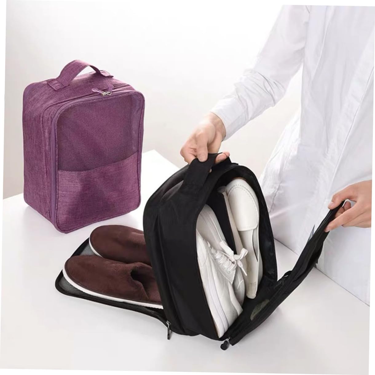 Reiseschuhtasche Praktisch und Leicht mit Großem Fassungsvermögen aus Gewebe und Multifunktionalem Schuh Organizer in Schwarz für Reisen