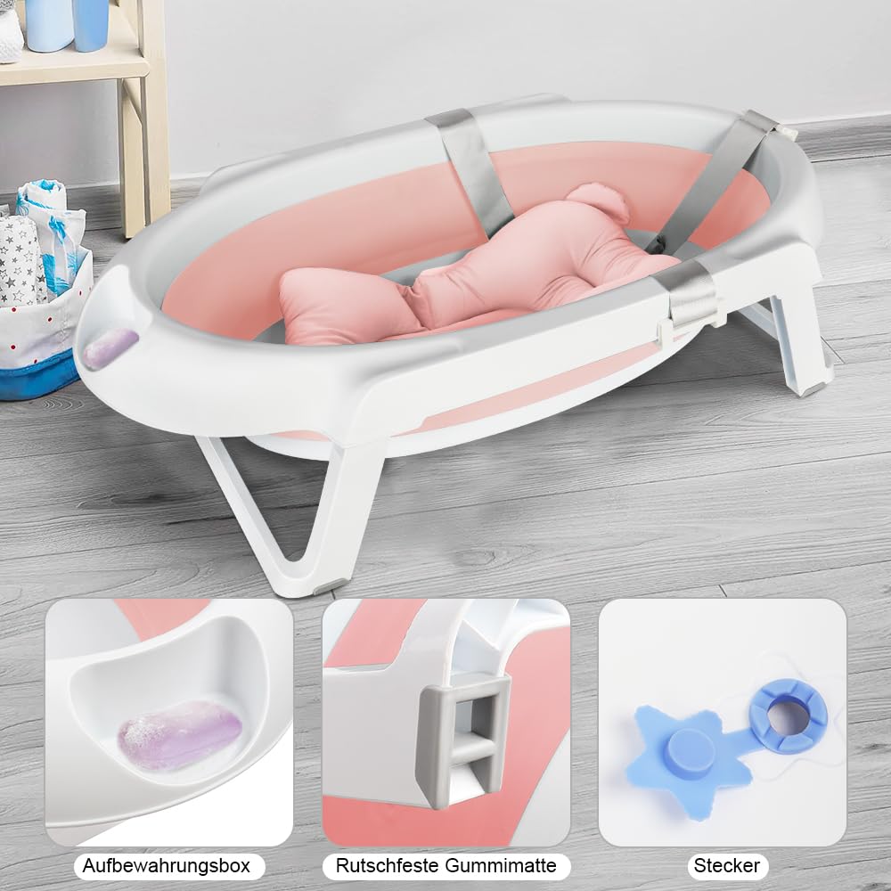 OHMG Bañera para bebé con estructura de 82 cm, bañera plegable para bebés con soporte antideslizante, bañera para bebés recién nacidos, gran volumen (rosa-66 x 61 x 82 cm)