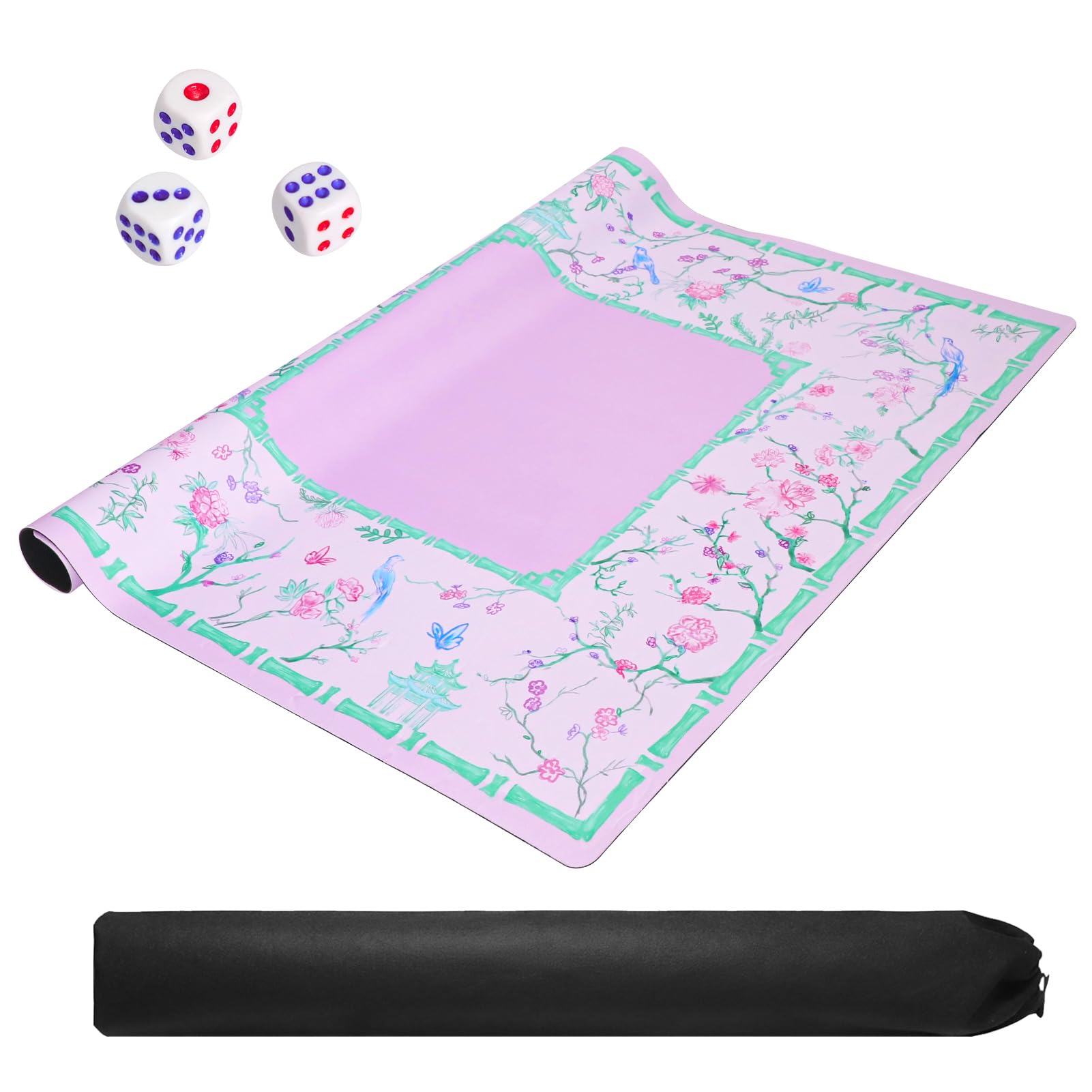TIASUSAN Fioletowo-zielona mata mahjong (80 cm x 80 cm) z czarną torbą do przenoszenia, antypoślizgowa, redukująca hałas pokrowiec na stół do mahjonga, pokera, gier planszowych, domino i gier