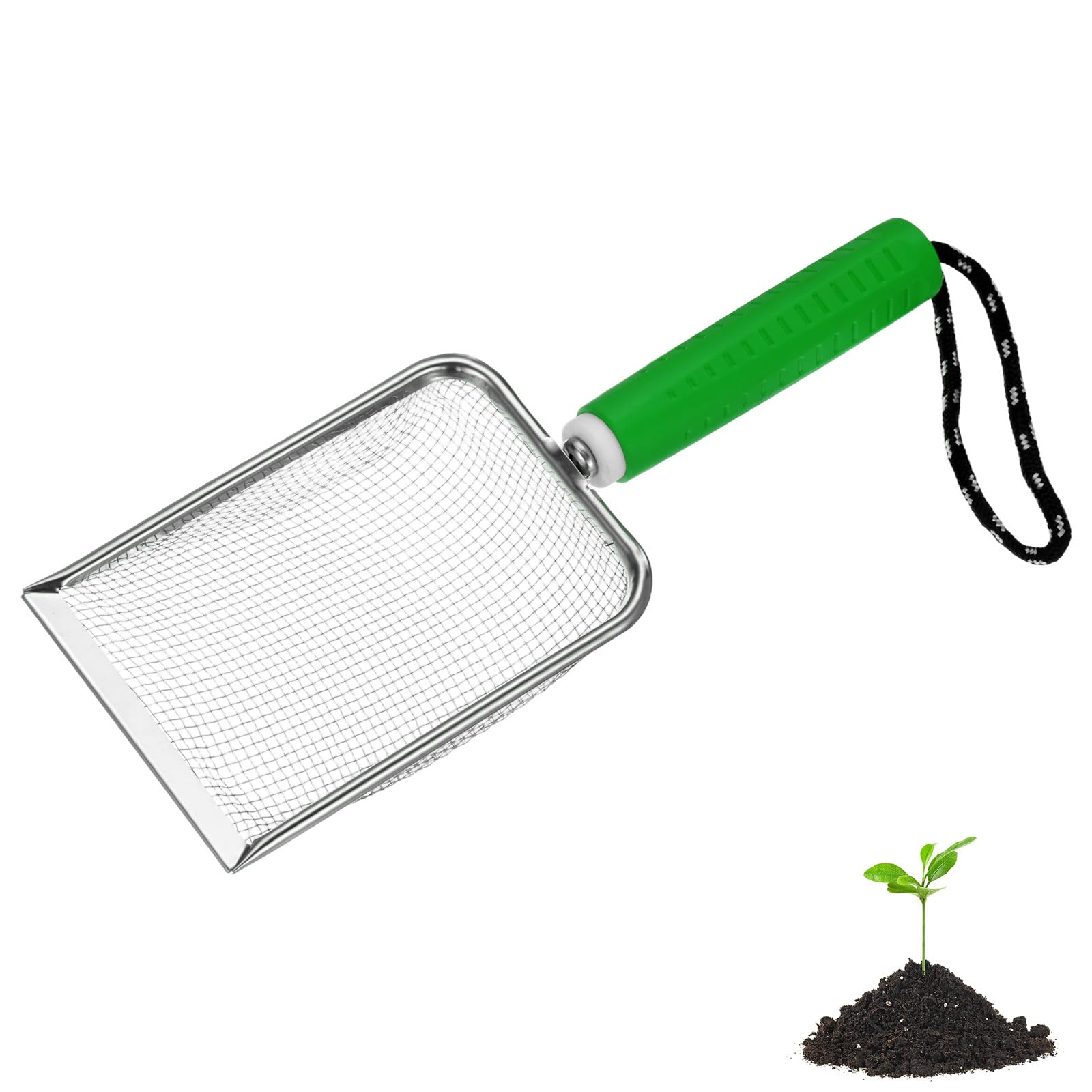 M METERXITY 1-Pack Gardening Soil Sifter, 2.8 mm Mesh Stainless Steel Portable Gardening Sifter with Soft Handle for Sand/Dirt/Rock Compost [White, Green]