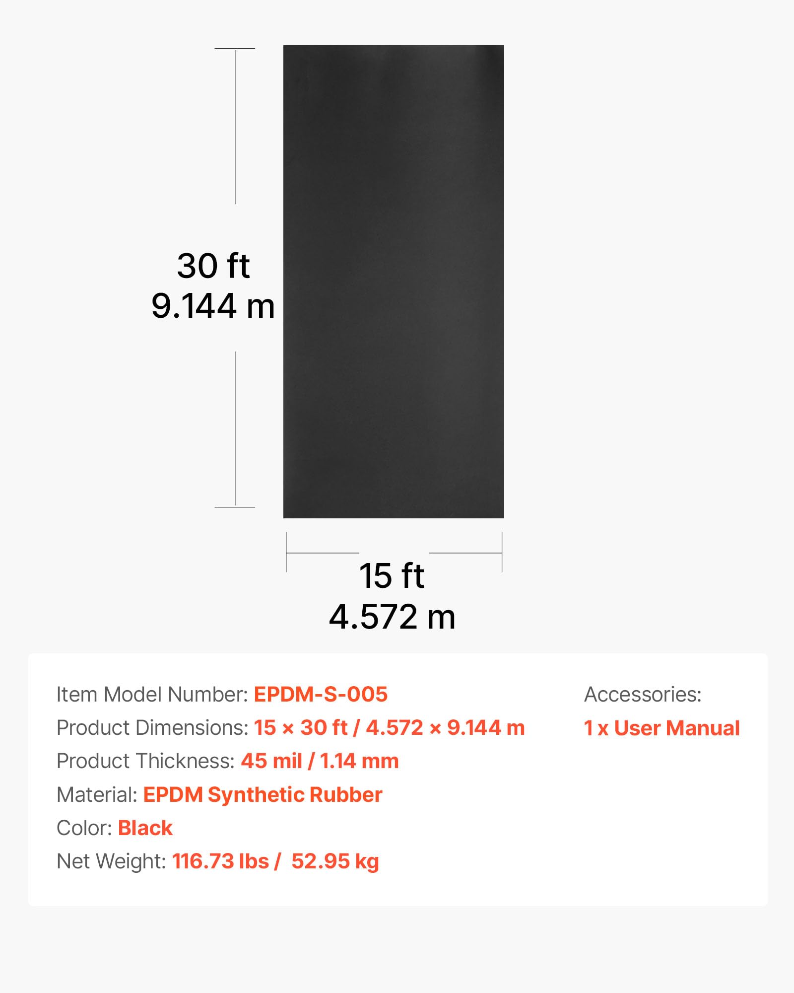 VEVOR Membrana para Techos, 4,572 x 9,144 m, Lámina de EPDM de 1,14 mm, Duradera y Resistente a la Intemperie, Impermeabilización de Techos, Base para Autocaravanas, Cocheras y Estanques, Negro
