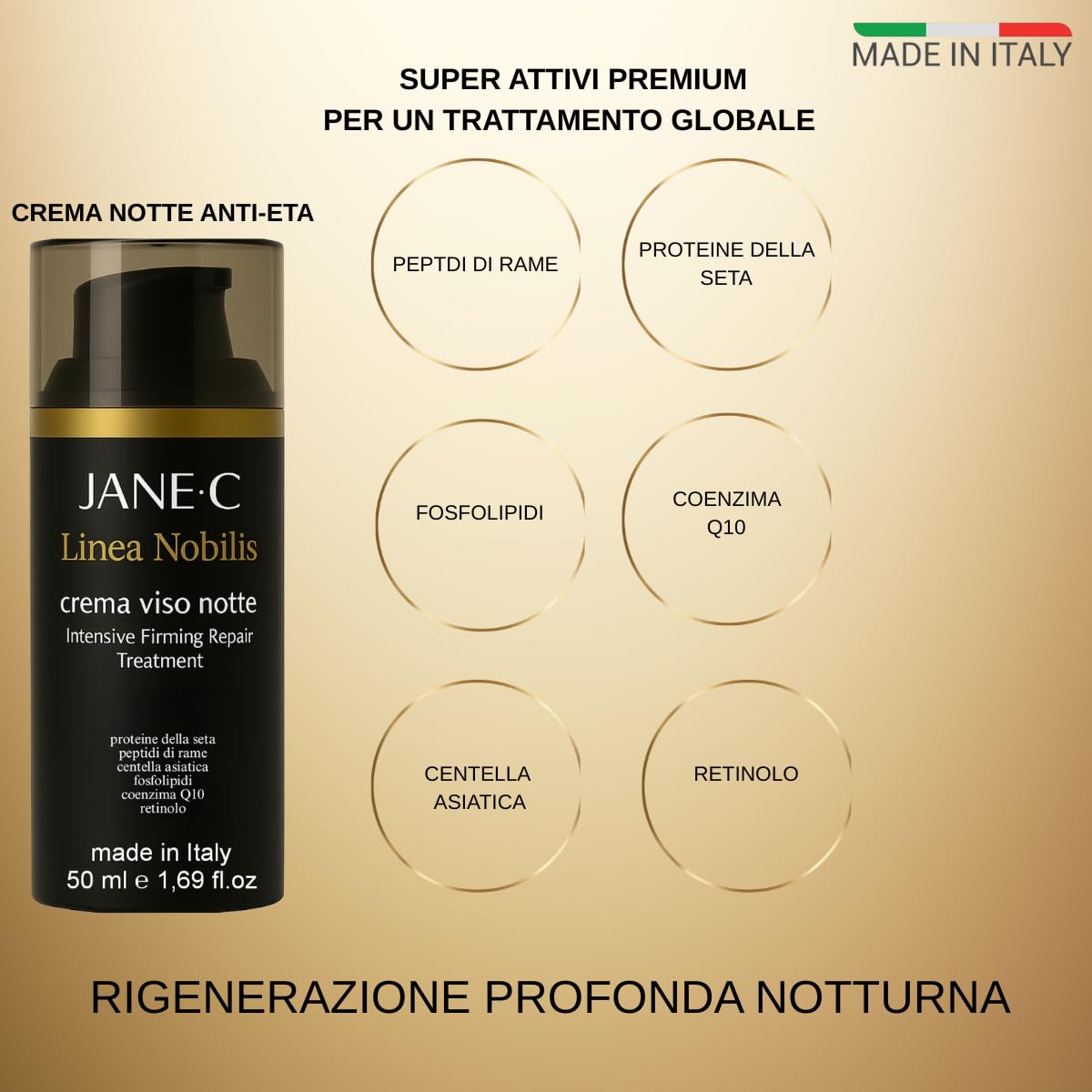 JANE•C Crema Viso Notte Nobilis, K-beauty,Trattamento Intensivo Rassodante,Rigenerante,Antirughe con Centella Asiatica,Fosfolipidi,Coenzima Q10,Retinolo, 50ml,Made in Italy
