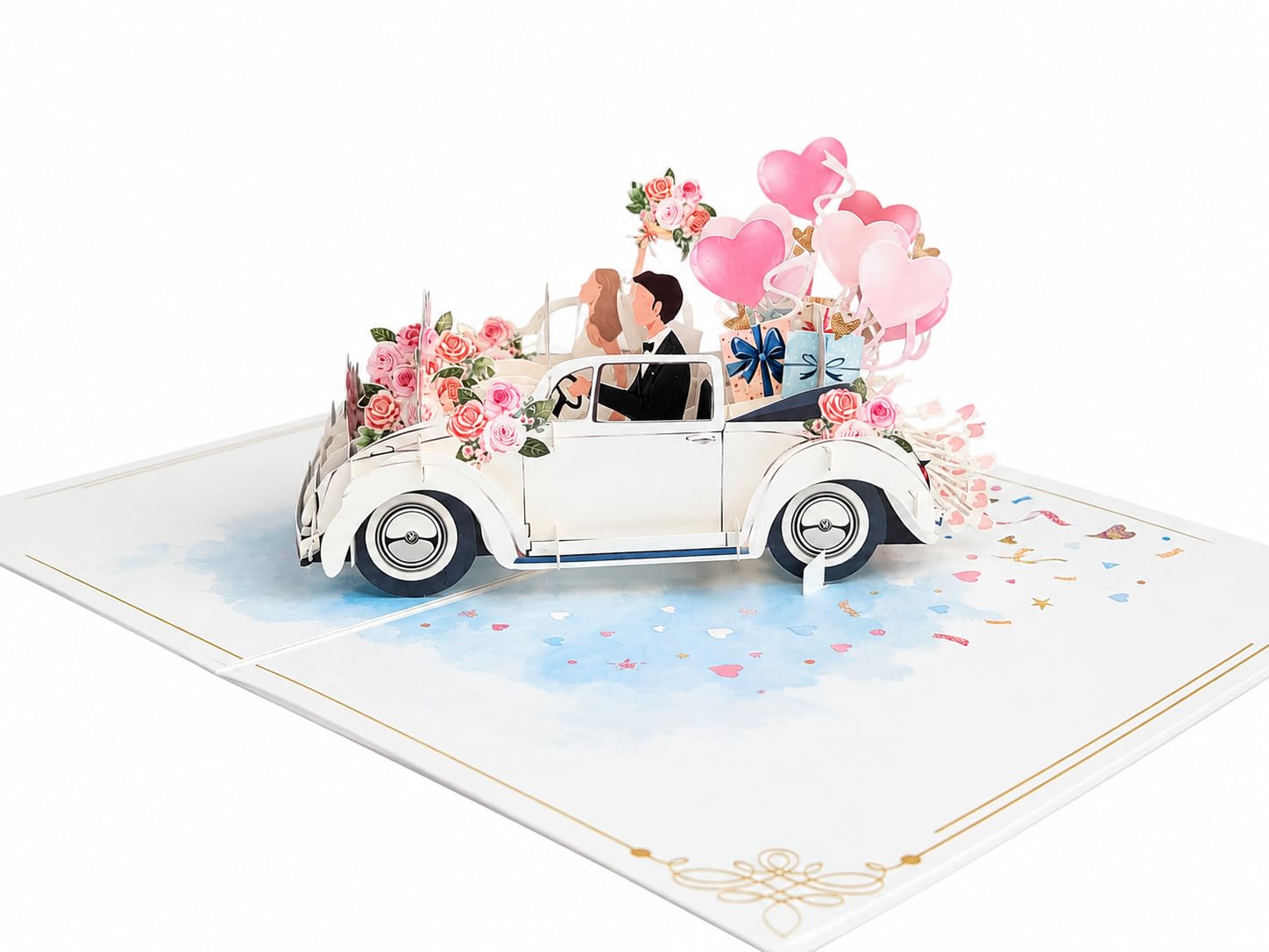 Biglietto di auguri pop-up 3D per matrimonio – Auto con sposi e palloncini – 13 x 18 cm con busta