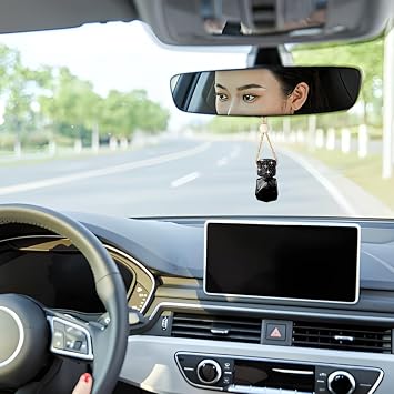 Bling Car Hanging Bottle, 2PCS Crystal Rhinestone Empty Clear Vehicle Essential Diffuser Glass Pendant with Wooden String, Diamond Auto Interior Oil Vase Decor, Universal Fit (Black)