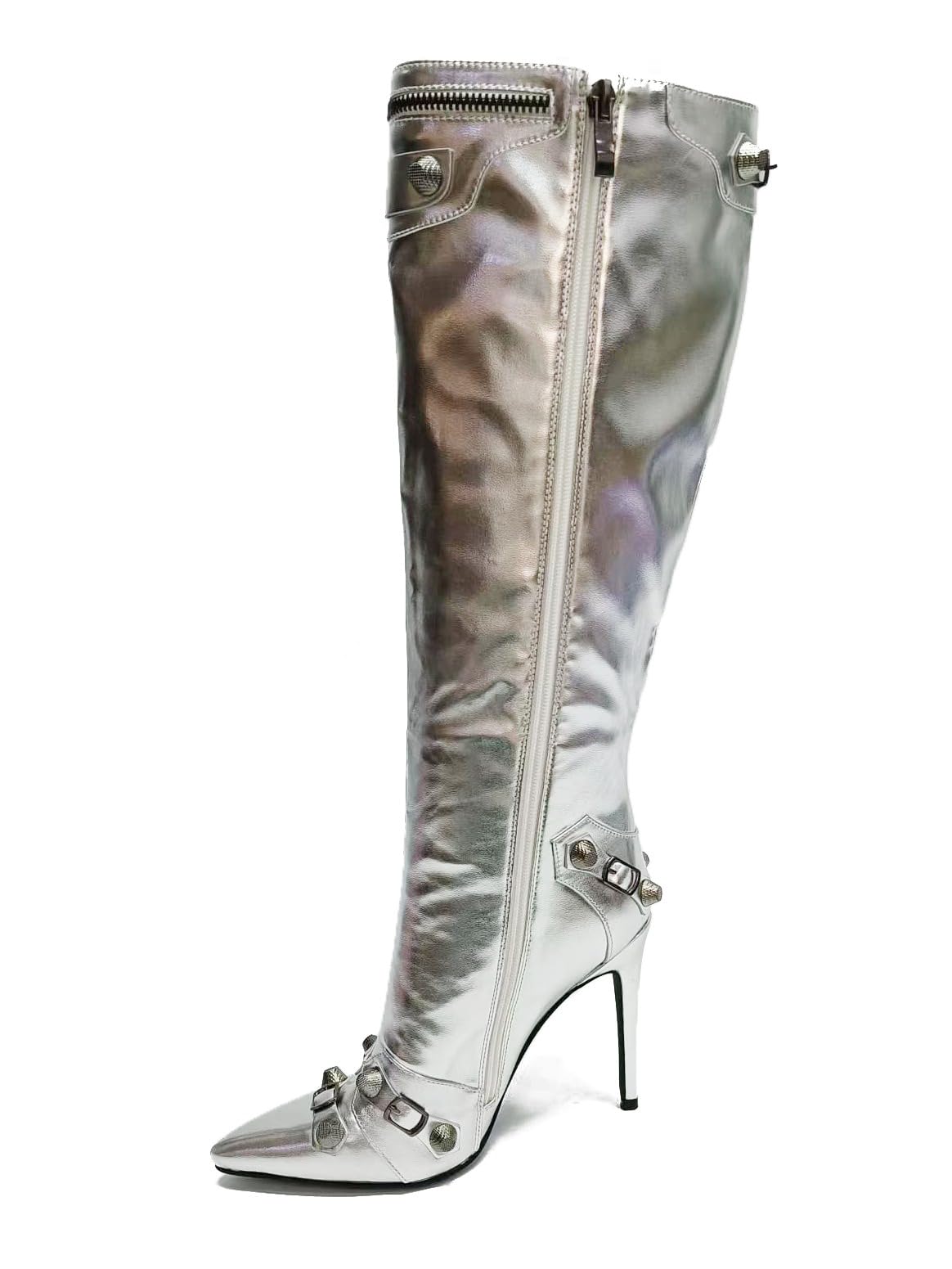 Cape Robbin Womem Knee High Boots Pointed Toe Stiletto Heels Side Zipper Rivets Tassels Boots