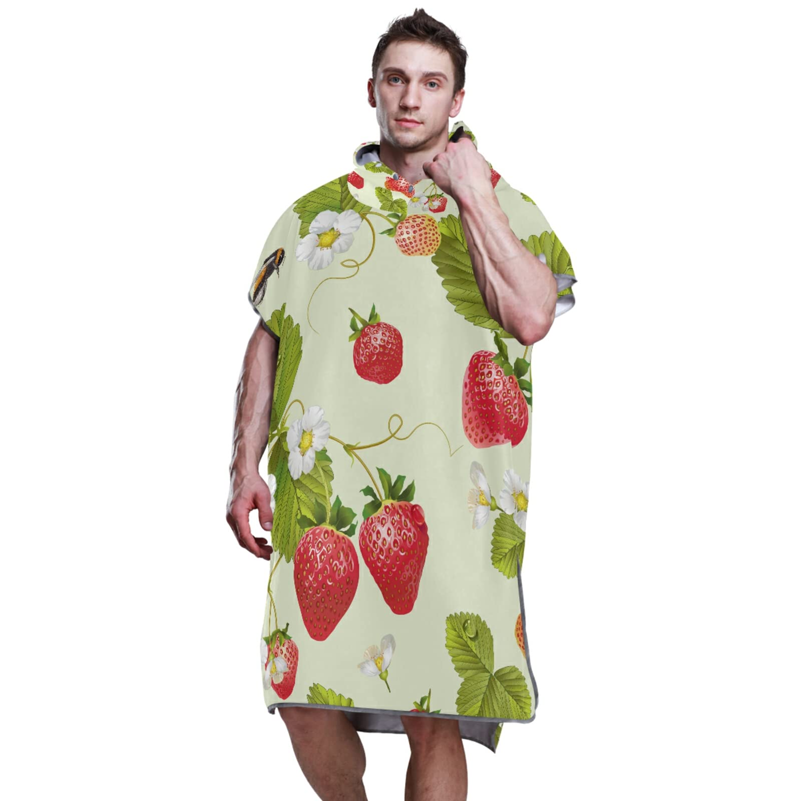 Rot Surf-Poncho mit grünen Blättern mit weißen Blumen in Hellgrün für Erwachsene mit Kapuze und Tasche, schnelltrocknend, Mikrofaser-Handtuch für Bad, Strand im Freien