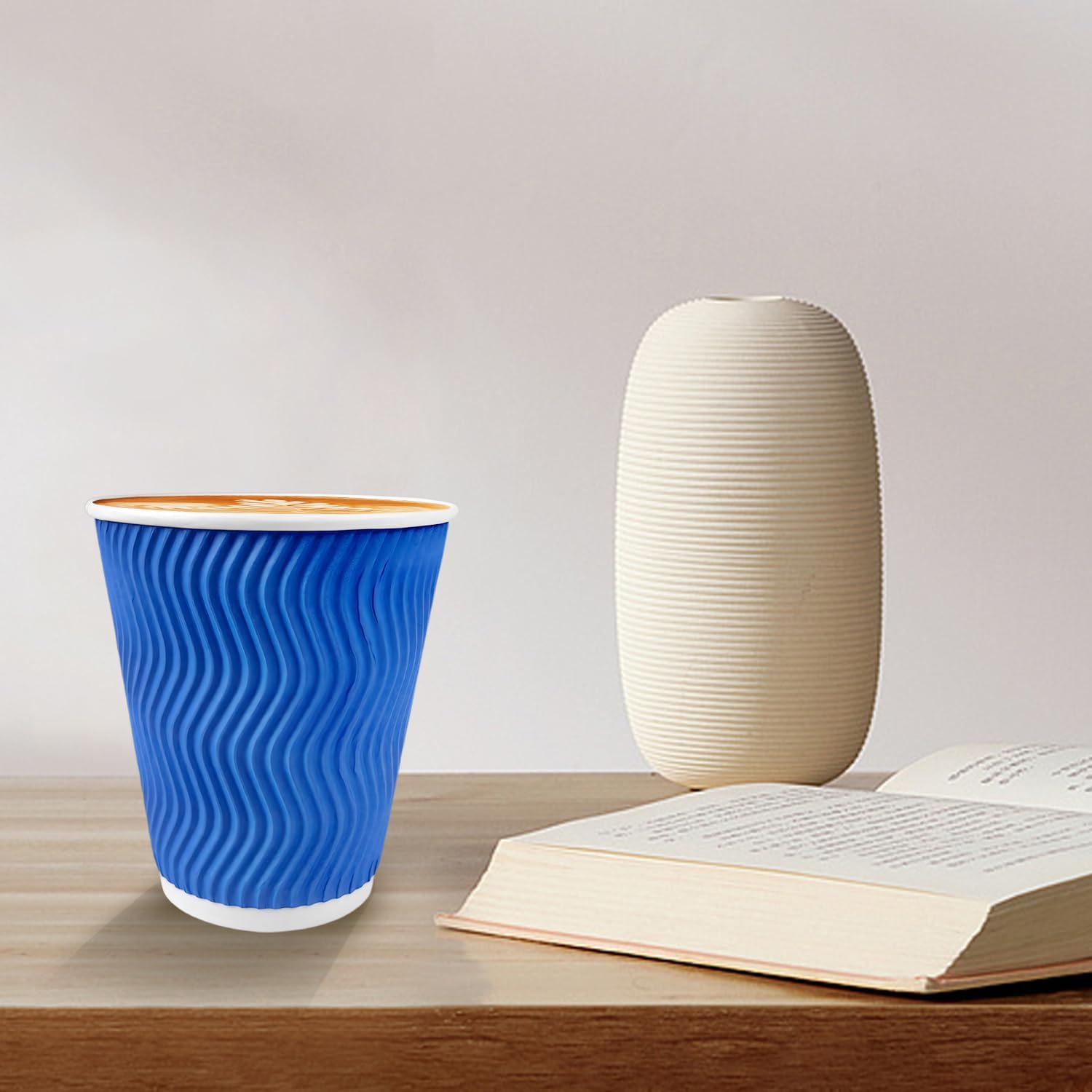12 oz Coffee Cups 100 Count, Disposable Paper Cups 12oz, Corrugated Ripple Wall To Go Coffee Cups for Hot Beverage Party Home Office School Work Morning Coffee Bar, Blue - Image 7