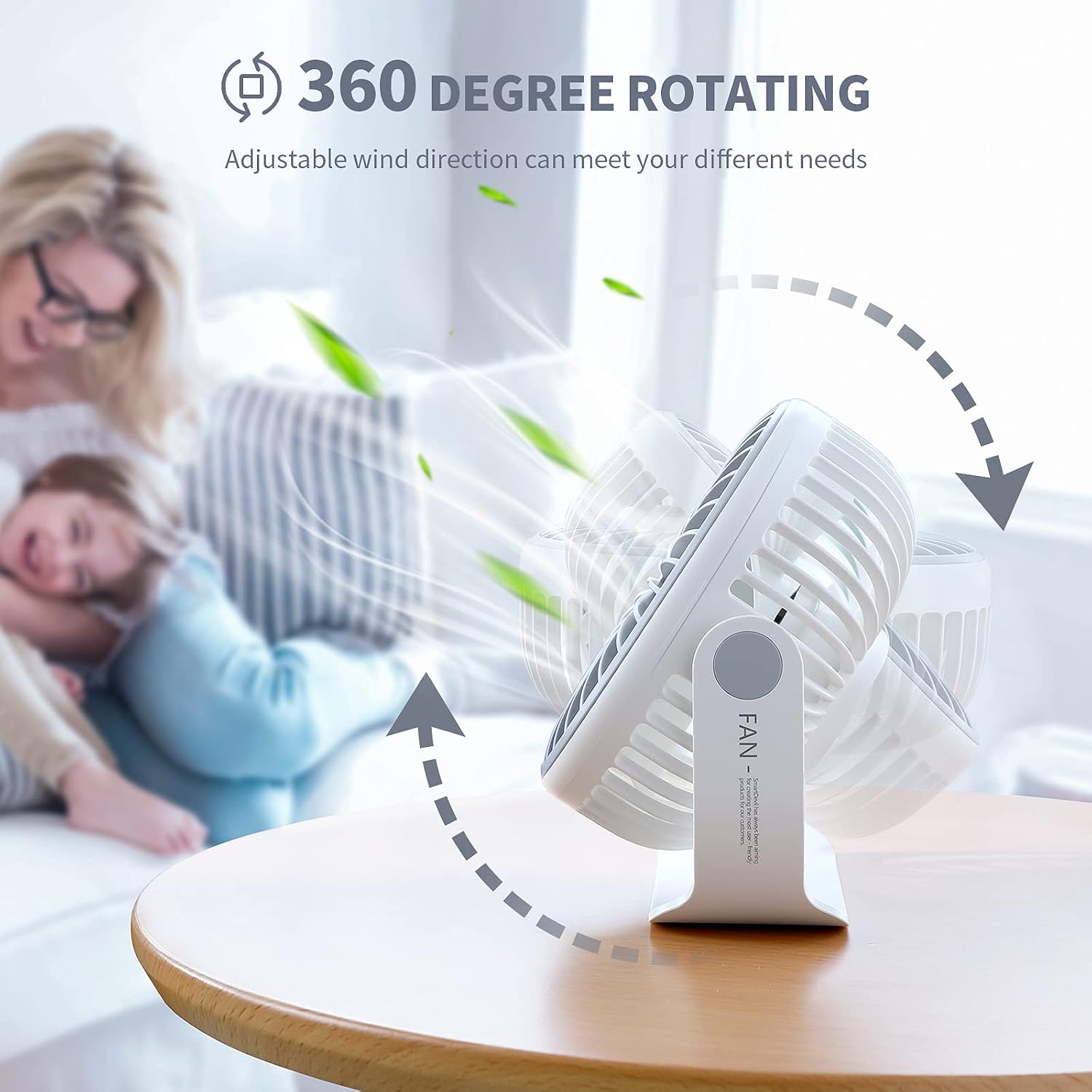SmartDevil Small Rechargeable Desk Fan, 3 Speeds 2000mAh Portable Personal Battery Operated Desktop Fan with Pasteable Hook, Dual 360° Adjustment Quiet Table Fan, for Home Office Outdoor (White)