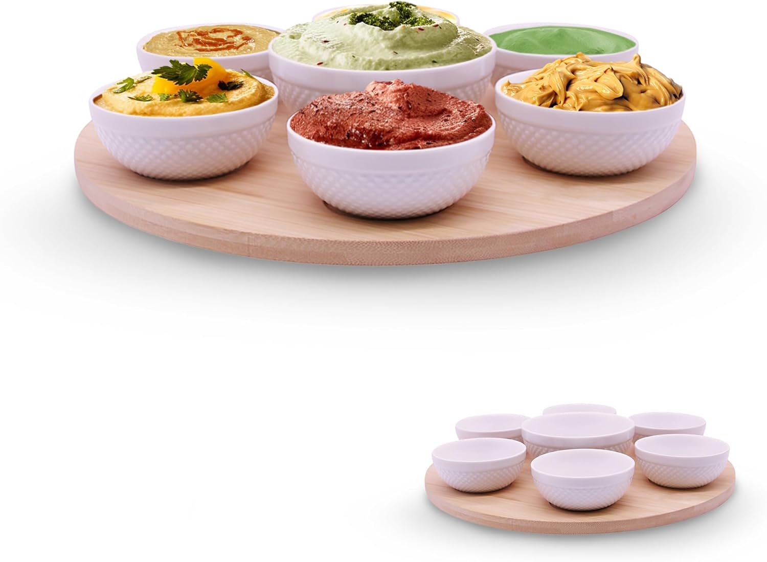 Rotating Bamboo Serving Tray with 6 Small Ceramic Condiment