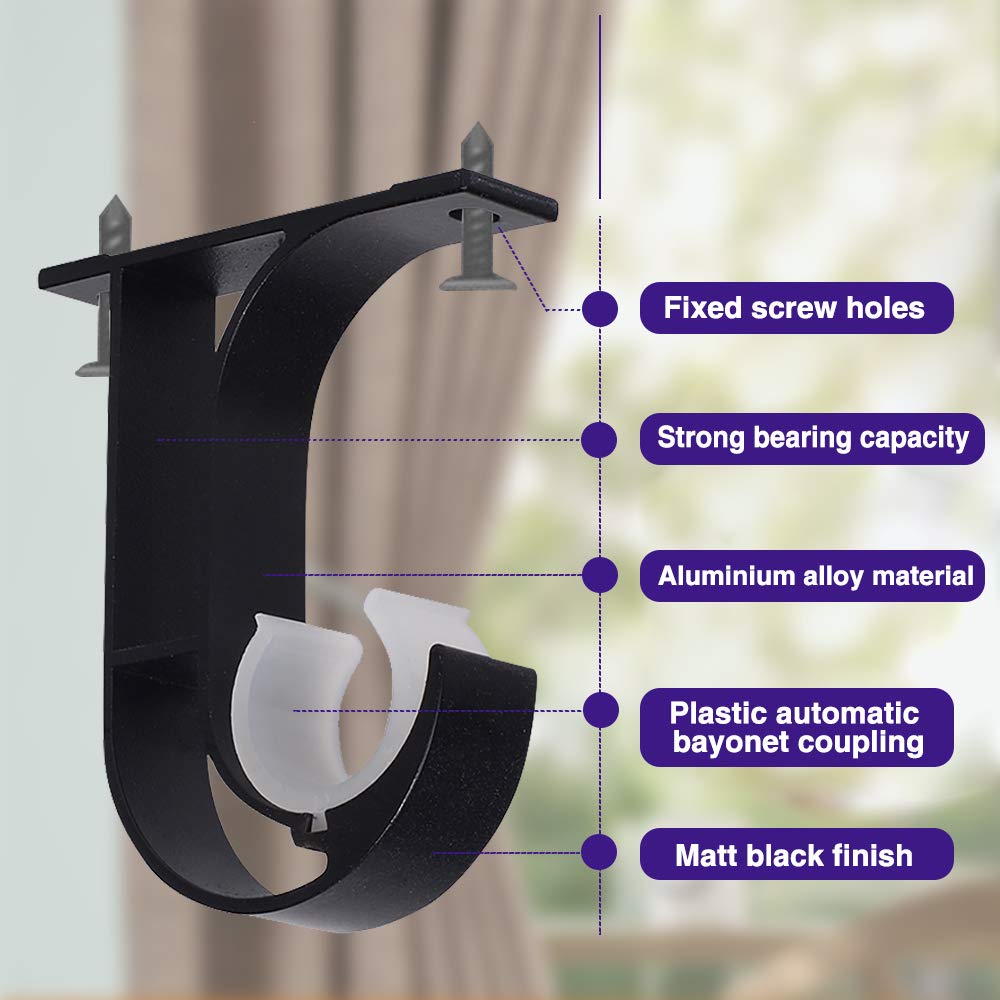 KOLAKO Supports de tringle à rideau en alliage d'aluminium pour tringle à rideau 26-28 mm noir