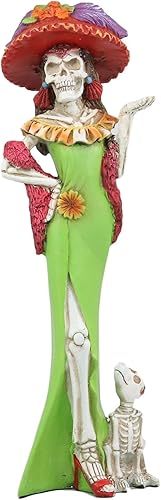 Ebros Gift Day of the Dead DOD - Figura de esqueleto de dama Fiona con vestido de cóctel verde, 12.5 pulgadas de alto, diva de alta moda y su perro