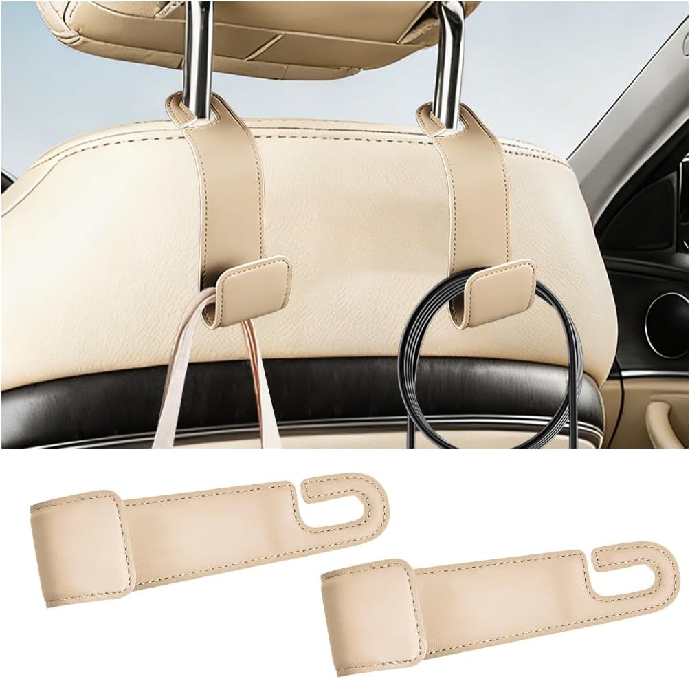 Osilly 2PCS Car Seat Headrest Hook, Leather Stylish Vehicle Backseat Hanger Organizer for Purse Handbag Umbrella, Automotive Seat Back Hanging Storage Holder Hook, Universal for Vehicles (Beige)