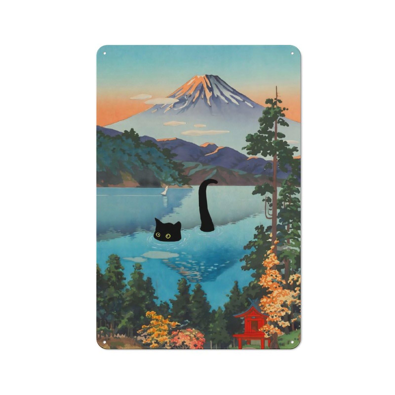 Junmoney Black Cat Lake Ashi Retro Tin Wall Plaque 30X20cm For Studio Or Craft Room, Winter Wall Decor For Creative-Space Collectors