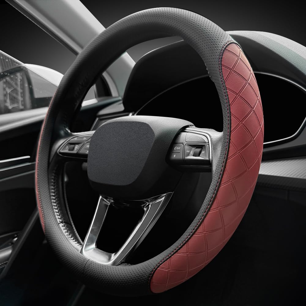 Photo 1 of LKWLIKEI Nappa Leather Steering Wheel Cover - Black/Burgundy, 14.5-15" Diameter