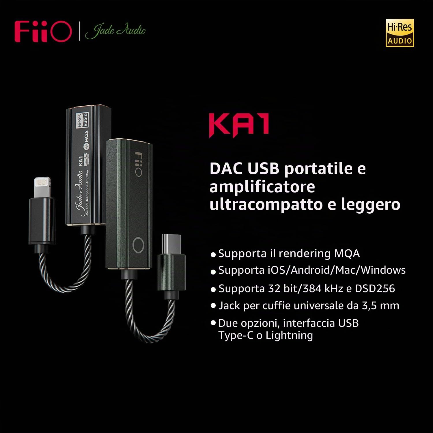 FIIO KA1 DAC Portatile con Amplificatore Cuffie Ultracompatto 32bit/384kHz DSD256 MQA (Versione Standard)