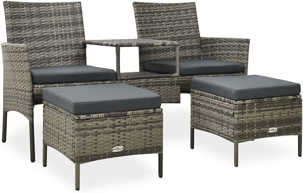 2-Seater Garden Sofa with Tea Table and Stools, Patio Conversation Set with Removable Cushions, Poly Rattan, 59.8" x 24.4" x 33.5"