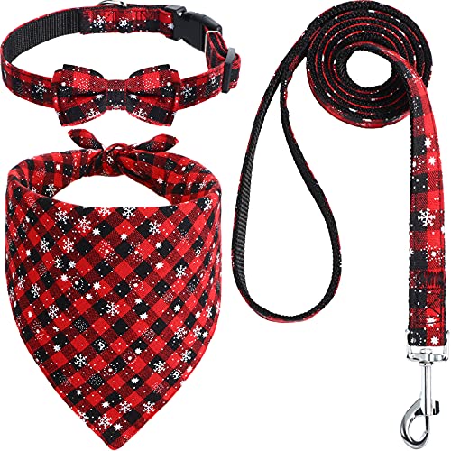 Christmas Bandana Bow Tie Dog Collar and Leash Set Classic Plaid Snowflake Adjustable Dogs Scarf Triangle Bib Kerchief Bowtie Puppy Collar and Leash for Cats Dogs Puppy Pets Xmas Costume Accessories