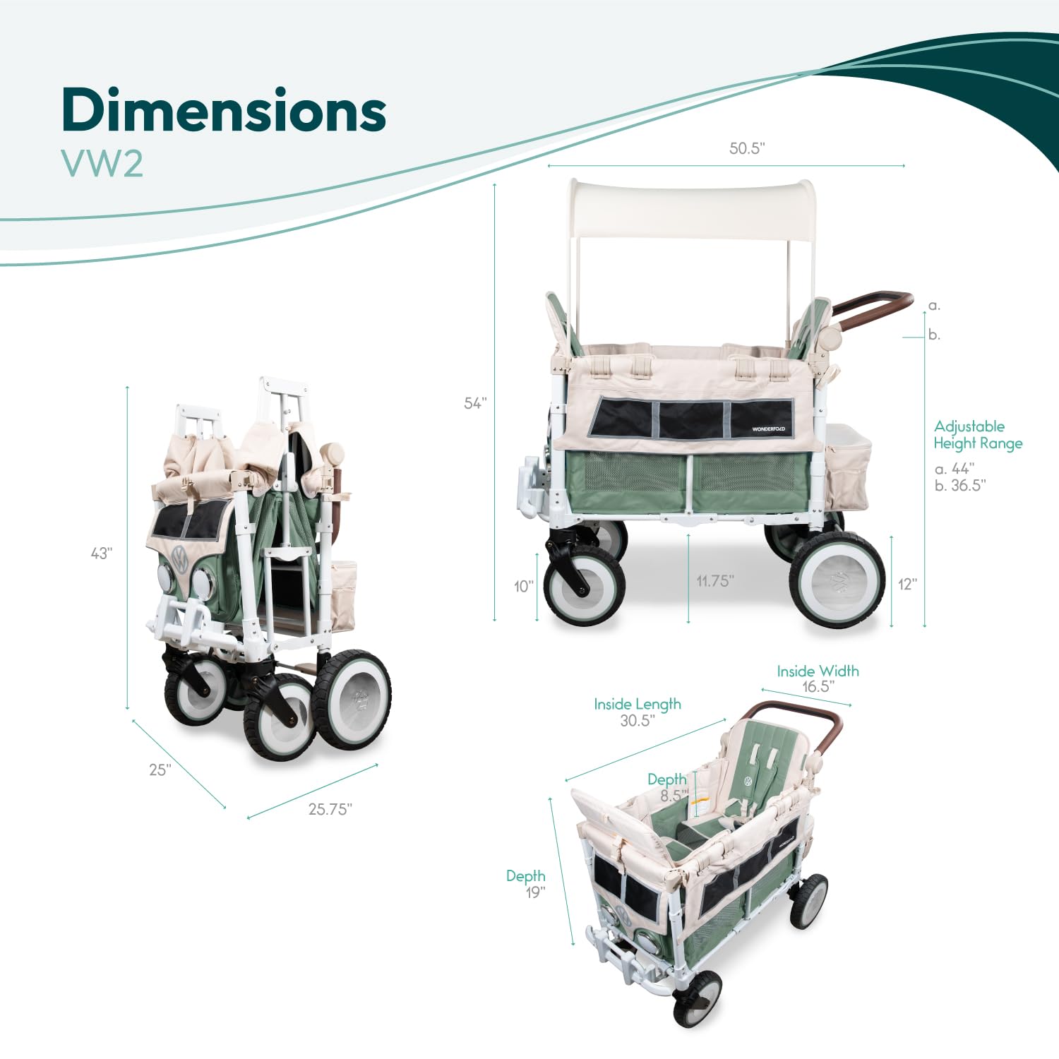WonderFold VW 2 Volkswagen - Chariot pliable pour enfant (2 places) - Chariot de qualité supérieure pour enfants avec pare-chocs VW, phares fonctionnels et roues XL tout-terrain - Vert sauge