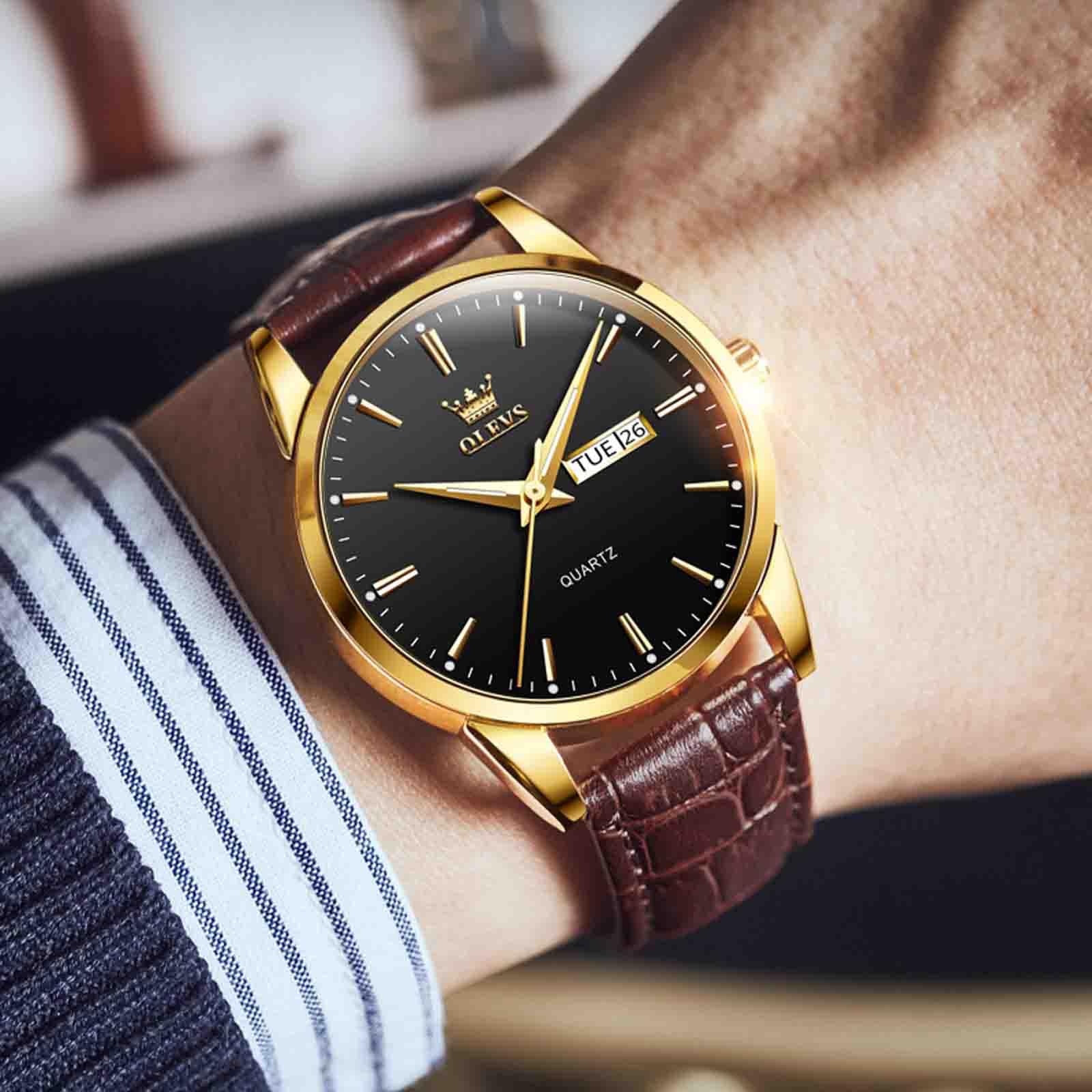 OLEVS Orologio da uomo, luminoso, casual, in pelle, facile da leggere, al quarzo, con data, impermeabile, blu/nero/analogico, orologio da polso da uomo