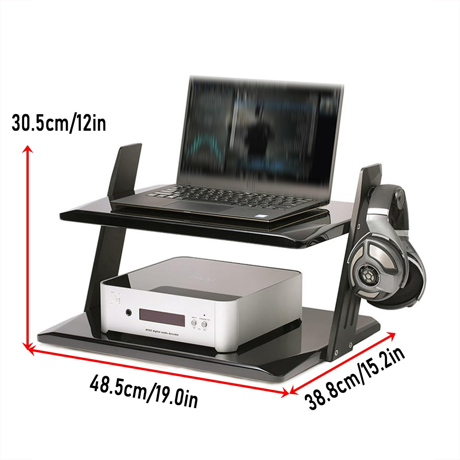 Gabinete de almacenamiento estable de aleación de aluminio de 2 niveles con absorción de golpes, diseño central trasero, soporte de carga resistente, perfecto para jugadores y creadores de contenido