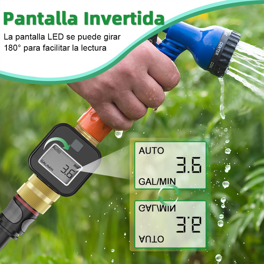 GIEX Medidor de flujo de agua con rosca de latón – Medición precisa en tiempo real – Compatible con mangueras de jardín, caravanas, aspersores y boquillas de riego