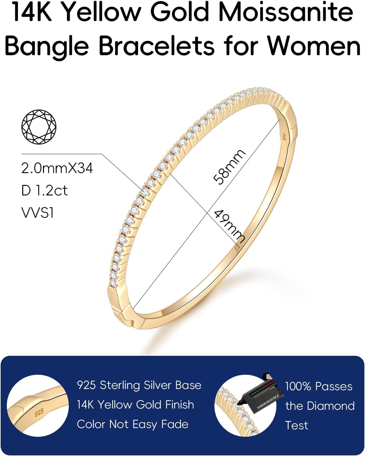 KSTYLE 14K Gold Moissanite Bangle Bracelets for Women, D Color VVS1 Clarity 3EX Cut | S925 Sterling Silver Base | Non Tarnish - Image 5