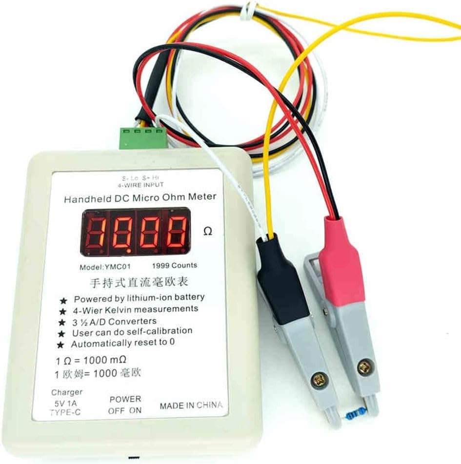 YMC01 Handheld DC Milliohm Meter, Low Resistance Tester Four-Wire Kelvin Measurement Digital Display 2R 20R Range For Electronics Testing For Circuit Board Wire Ohmmeters(small clip 20R)