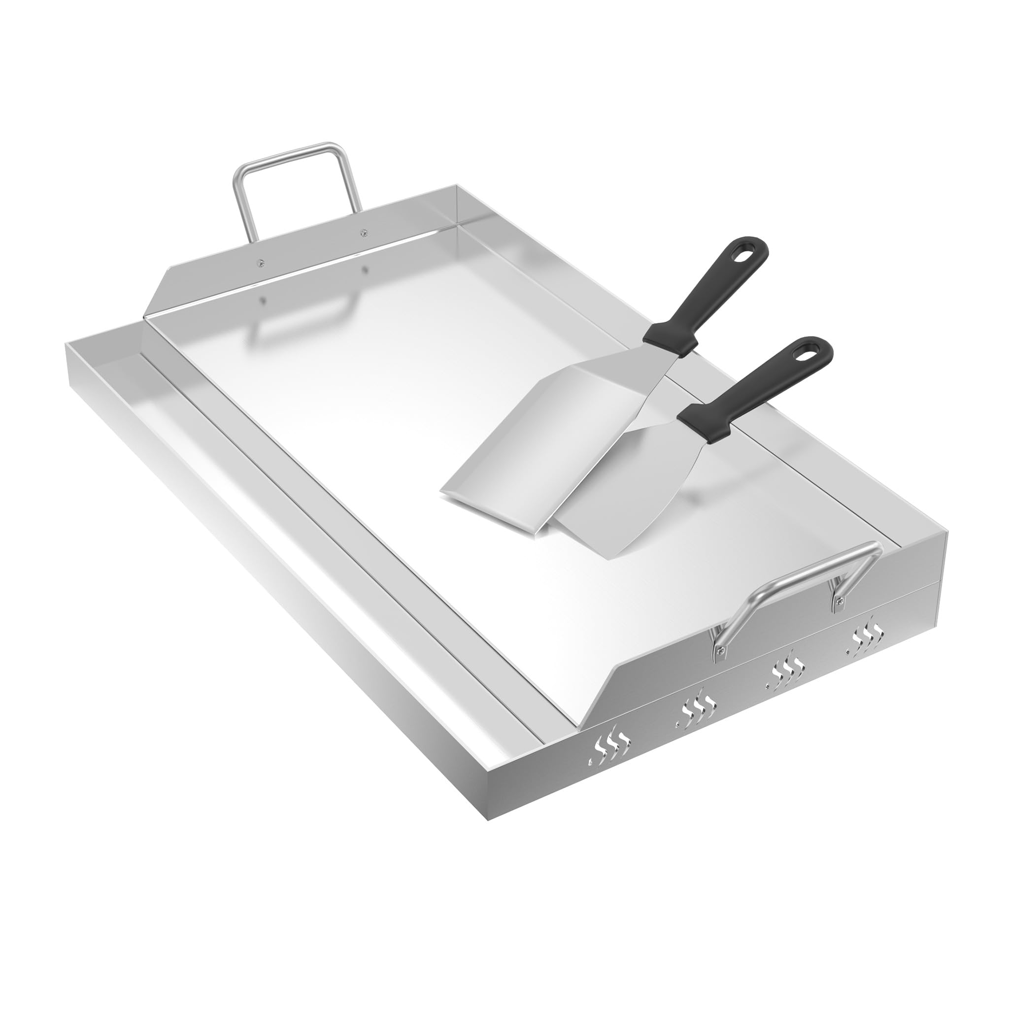 Froadp Piastra in acciaio inox | Piastra universale per barbecue 51x32x7 cm con canaletta per l'olio | Piastra per barbecue a gas e a carbonella | Accessori per barbecue inclusi spatola e manici