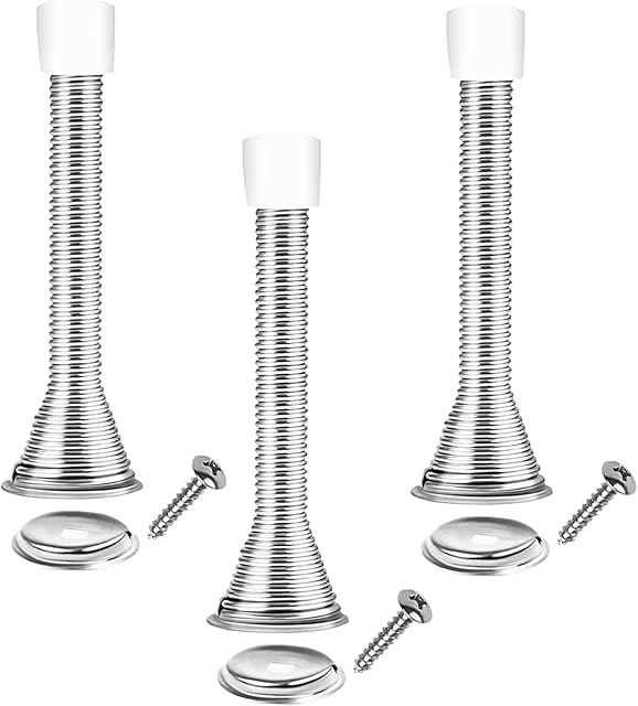 Grantop 3pcs Spring Door Stops, Bendable Metal Door Stoppers with Anti-Slip Rubber Heads Screws Base, Long Door Springs for Protect Walls and Doors, Silver
