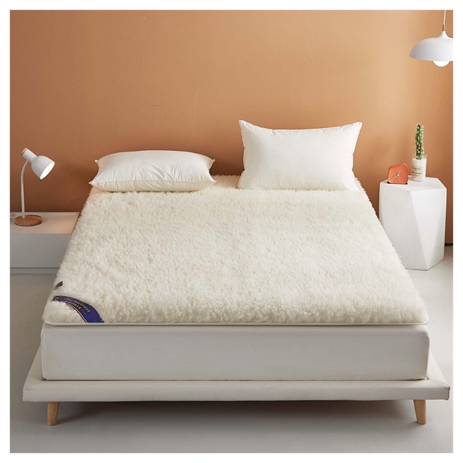 Wool Fleece Fitted Mattress Cover Pad with Straps - Breathable Lamb Folding Wool Mattress Protector Pure Wool Bed Topper Pure White Mattress(79 * 87")